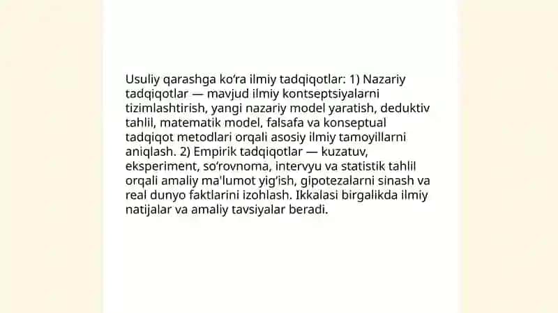 Ilmiy tadqiqotlarning turlari (klassifikatsiyalanishi), strukturasi va bosqichlari 4