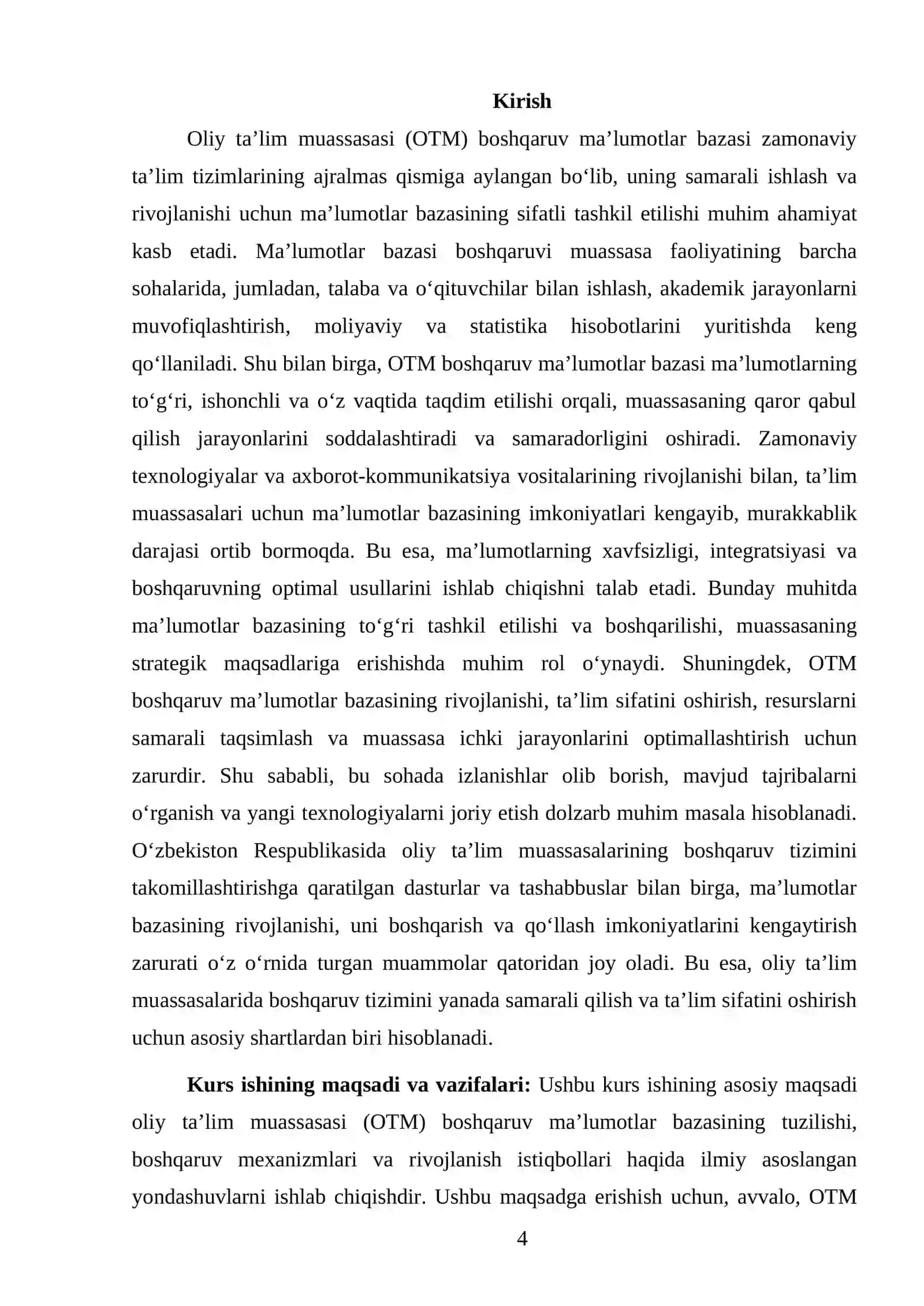 MAʼLUMOTLAR BAZASI FANIDAN TAYYORLAGAN KURS ISHI 4