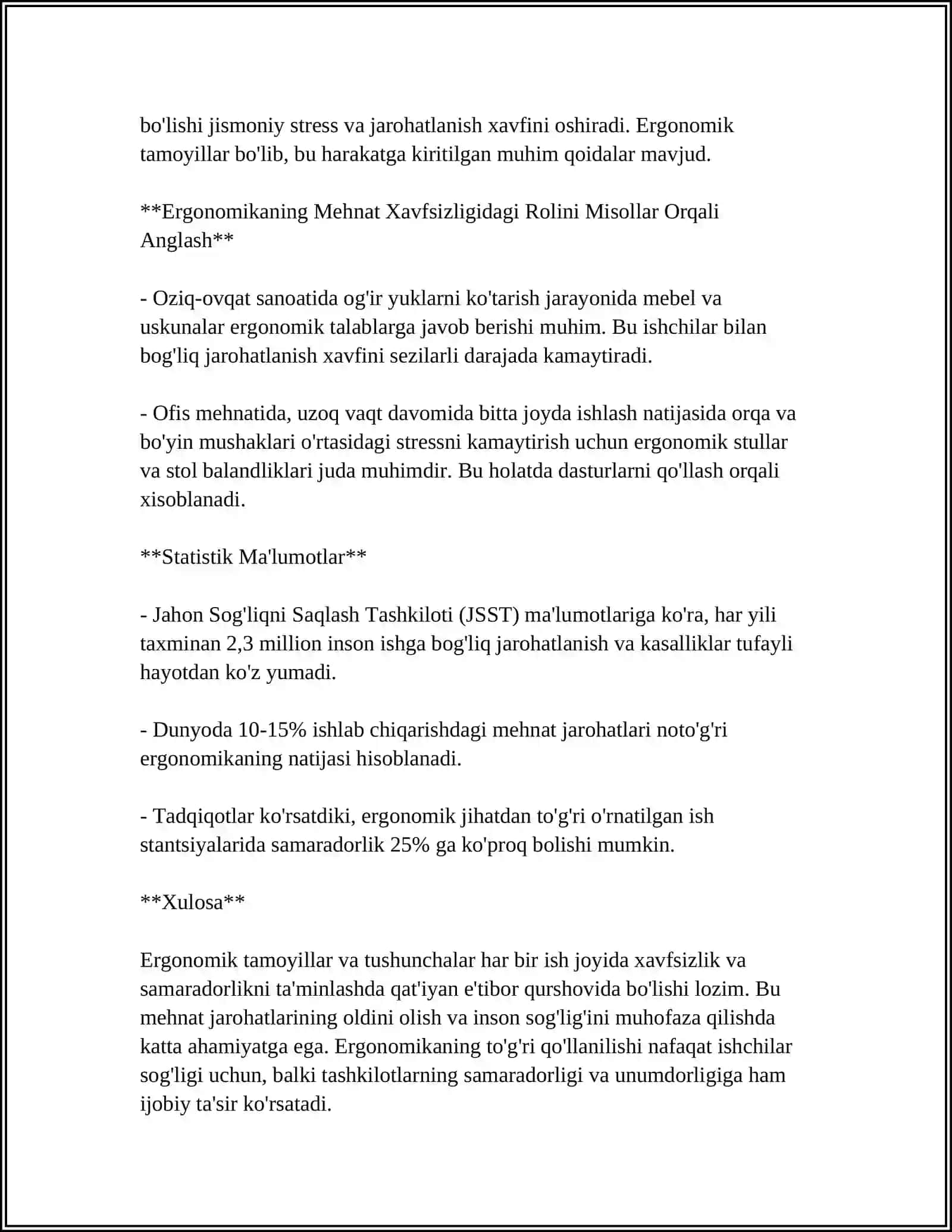 FAOLIYAT XAVFSIZLIGINI TA'MINLASHNING ERGONOMIK KO'RSATKICHLARINI TAHLIL QILISH 4