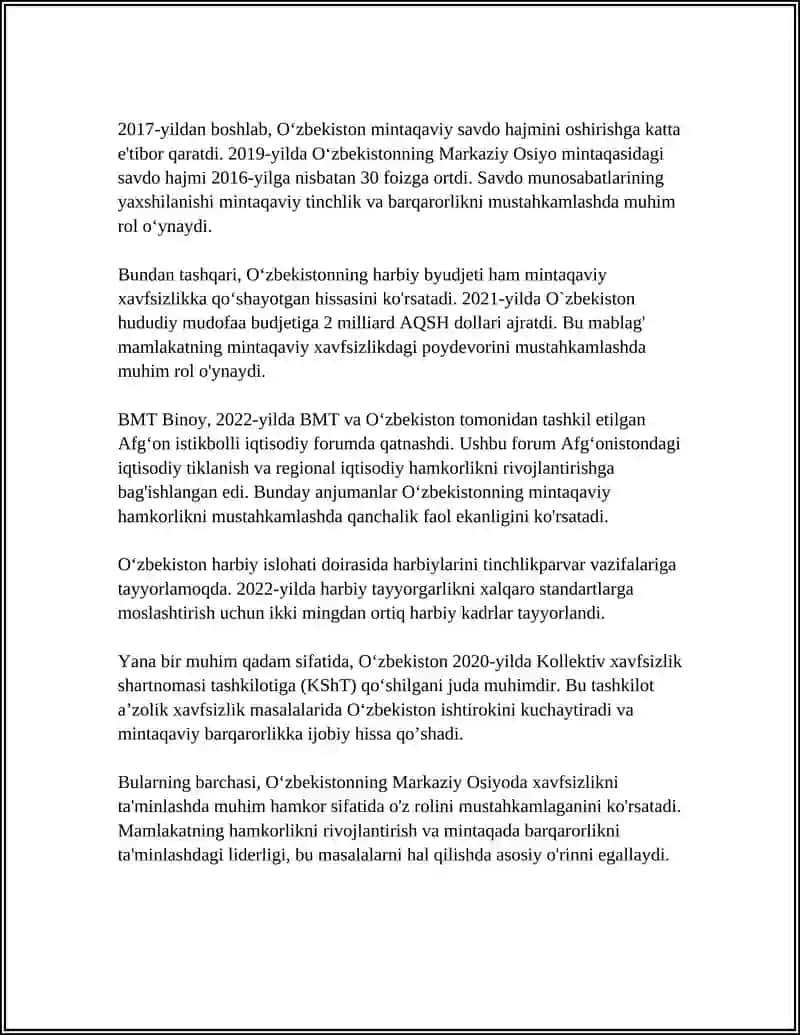 Oʻzbekistonni Markaziy Osiyoda Tinchliksevarlik Oʻrni 4