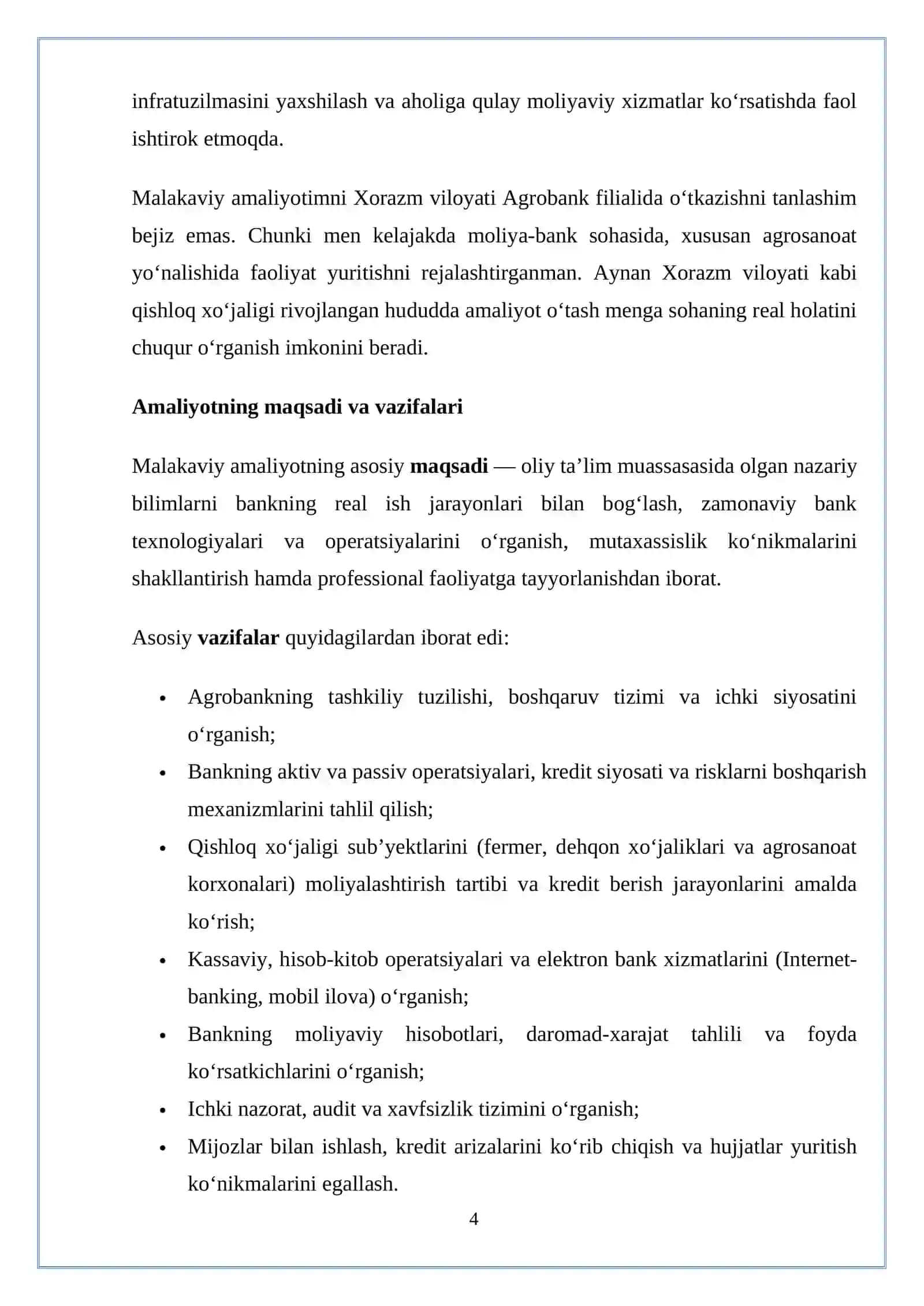 Agrobank AJ haqida umumiy ma’lumot va uning tashkil etilishi Xorazm viloyati Agrobank filiali 4