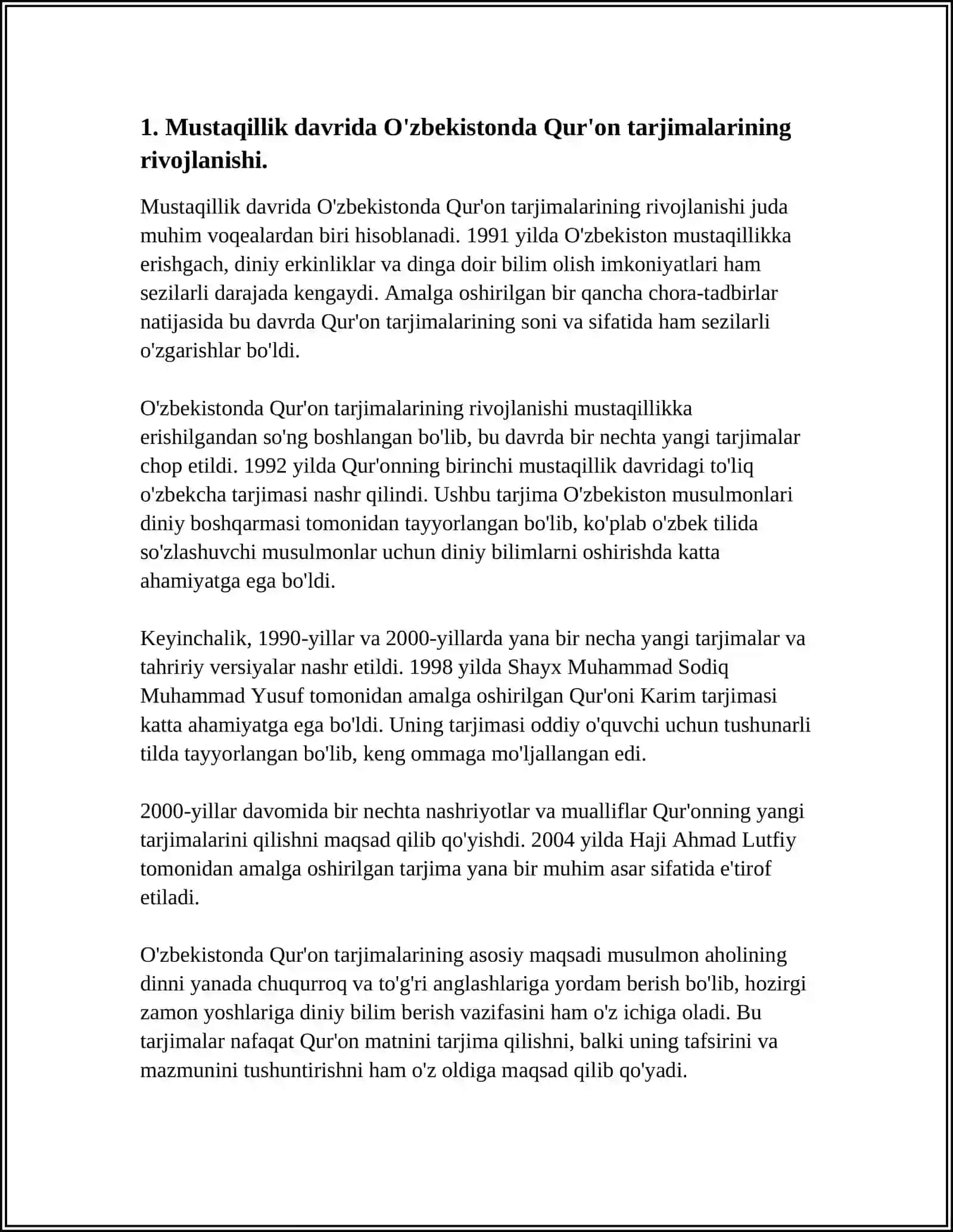 MUSTAQILLIK YILLARIDA QUR'ONNING O'ZBEK TILIGA TARJIMA QILINISHI VA TAFSIRLARI HAQIDA 4