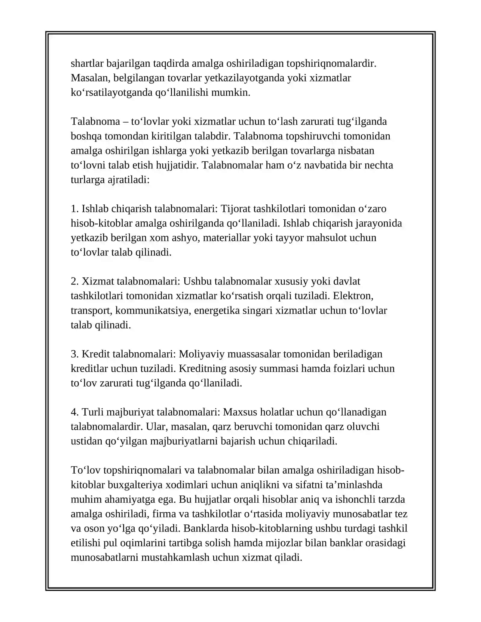 BANKLARDA TO‘LOV TOPSHIRIQNOMALARI VA TALABNOMALARI BILAN HISOB-KITOBLARNING HISOBI 4