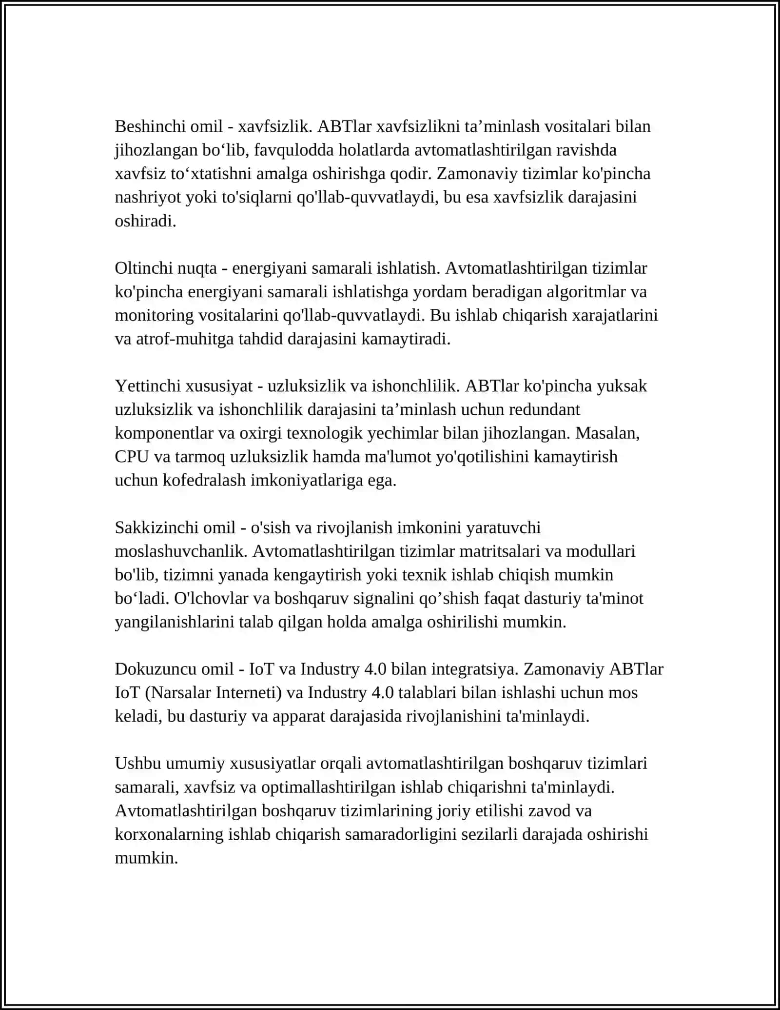 TEXNOLOGIK JARAYONLARNING AVTOMATLASHTIRILGAN BOSHQARISH TIZIMLARINING UMUMIY XARAKTERISTIKASI, ASOSIY FUNKSIYALARI, FAOLIYATINING UMUMLASHTIRILGAN SXEMASI, FUNKSIONAL STRUKTURASI, AXBOROT BILAN TA'MINLANISHI, MATEMATIK TA'MINOTI VA ISHONCHLILIGI 4