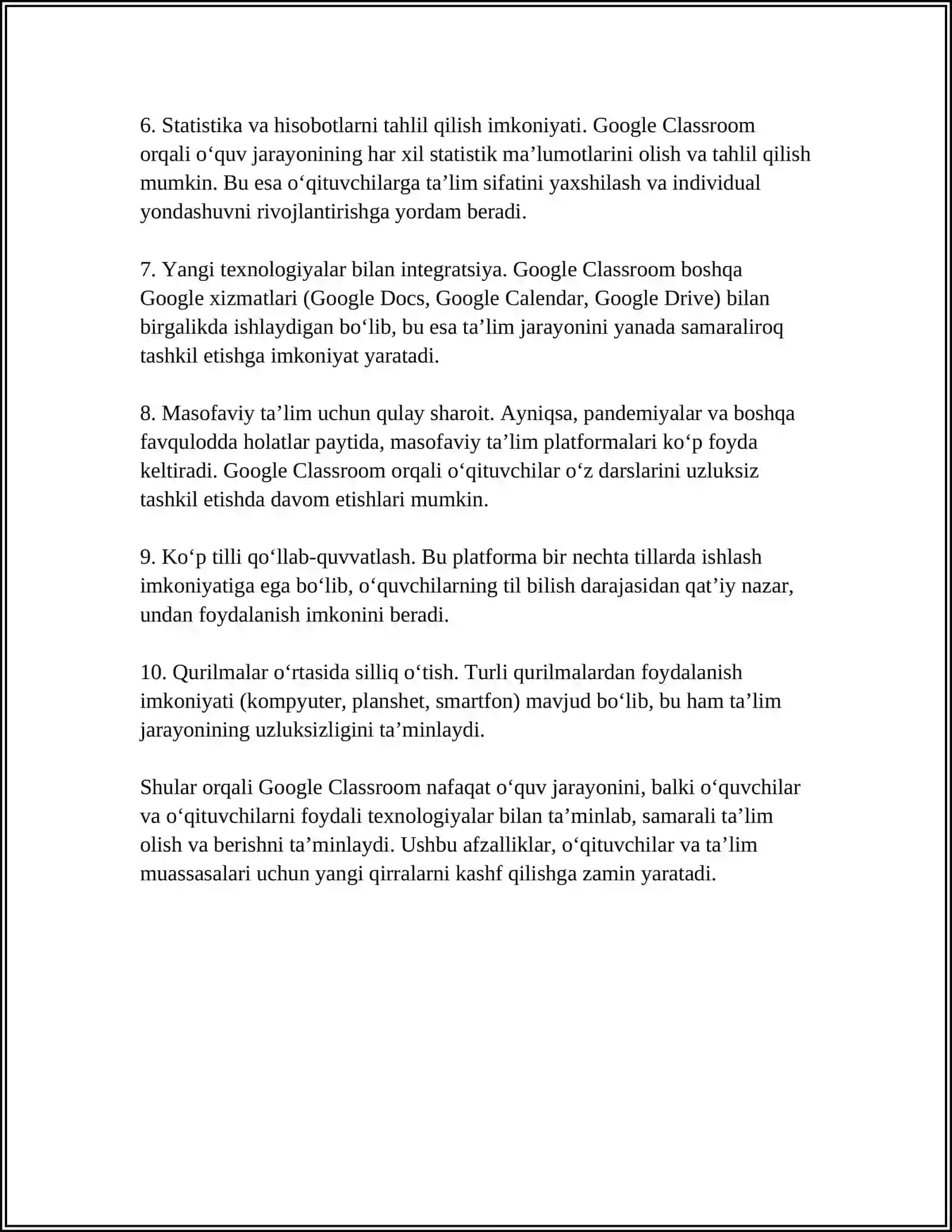 TALIM JARAYONINI TASHKIL ETISHDA GOOGLE CLASSROOM DASTURIDAN FOYDALANISH AFZALLIKLARI VA KAMCHILIKLARI 4