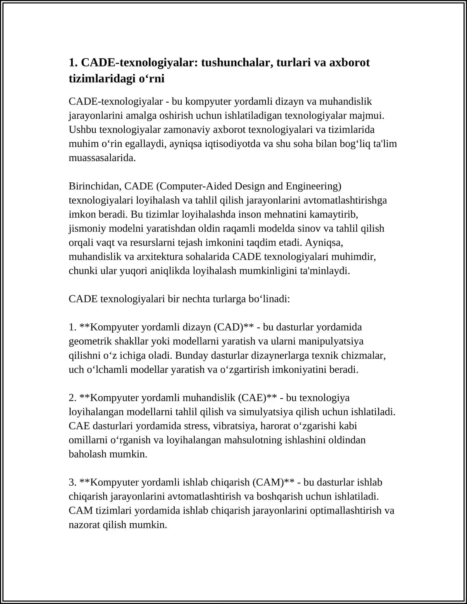 IQTISODIYOT VA PEDOGOGIKA UNIVERSITETI RAQAMLI IQTISODIYOT KAFEDRASI 5-KURS AXBOROT TEXNOLOGIYALARI VA TIZIMLARI 478-21 GURUH BERDISHUKUROV ODIL ABDURASULOVICH CADE-TEXNOLOGIYALAR VA ULARNING AXBOROT TIZIMLARINI LOYIHALASHTIRISH OʻRNI 4