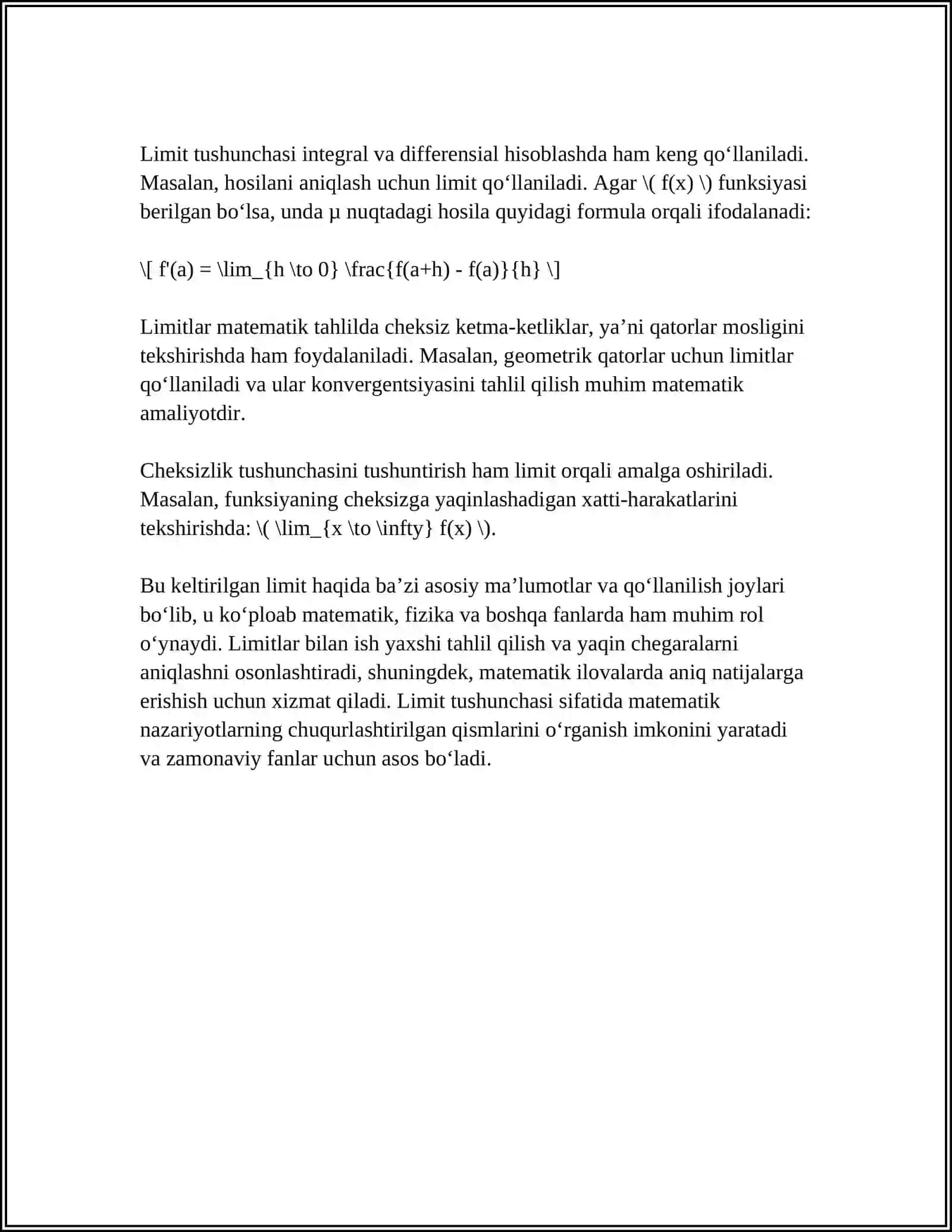 Mavzu: LIMITLAR. FUNKSIYANI UZLUKSIZLIGI 4