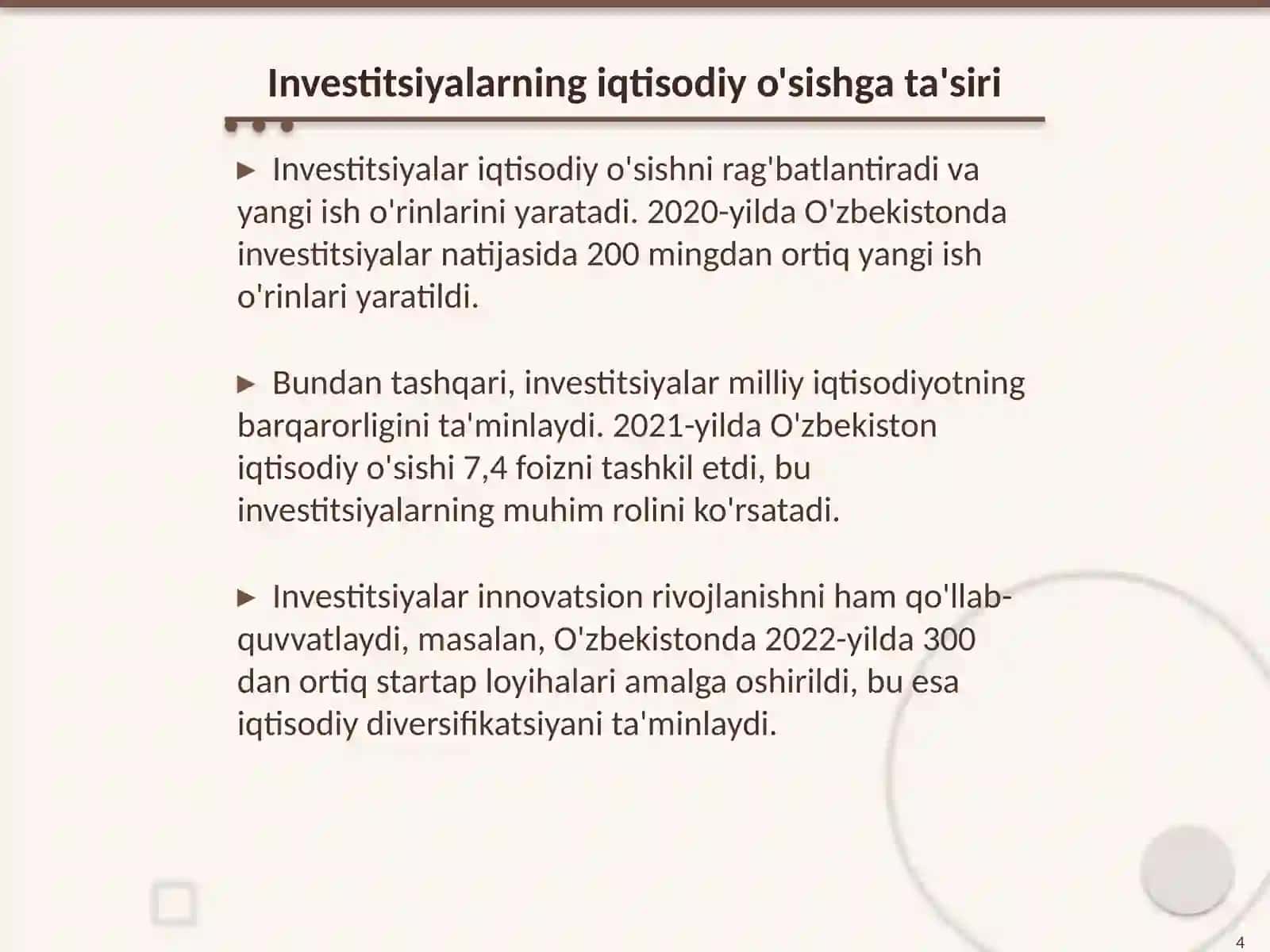 Investitsiyalar va iqtisodiy rivojlanishi 4