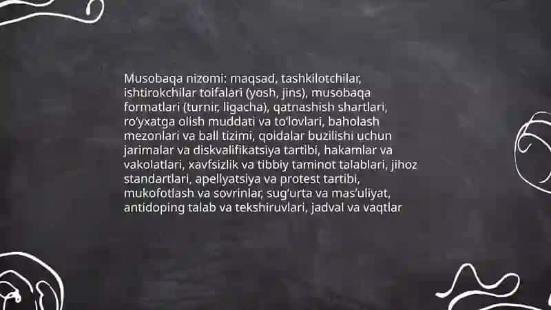 Spoʻrt bayramlarini va musobaqalarni tashkil etish va nizomlarni ishlab chiqish 4