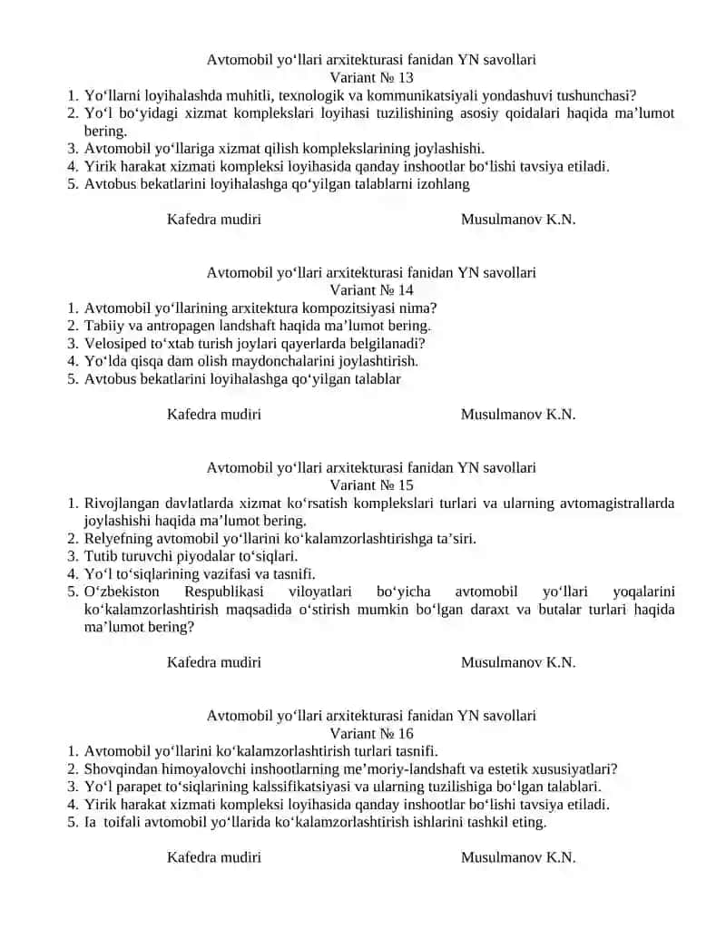 Avtomobil yo‘llari arxitekturasi fanidan YN savollari 4