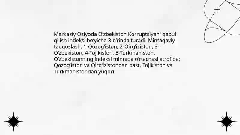O‘zbekistonning “Korruptsiyani qabul qilish indeksi” boyicha orni 4