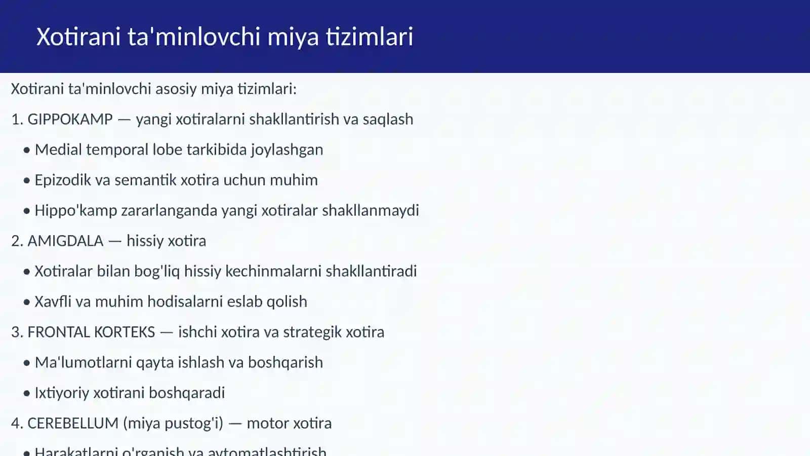 Xotirani taʼminlovchi miya tizimlari. Ixtiyorsiz, ixtiyoriy xotira. Obrazli xotira 4