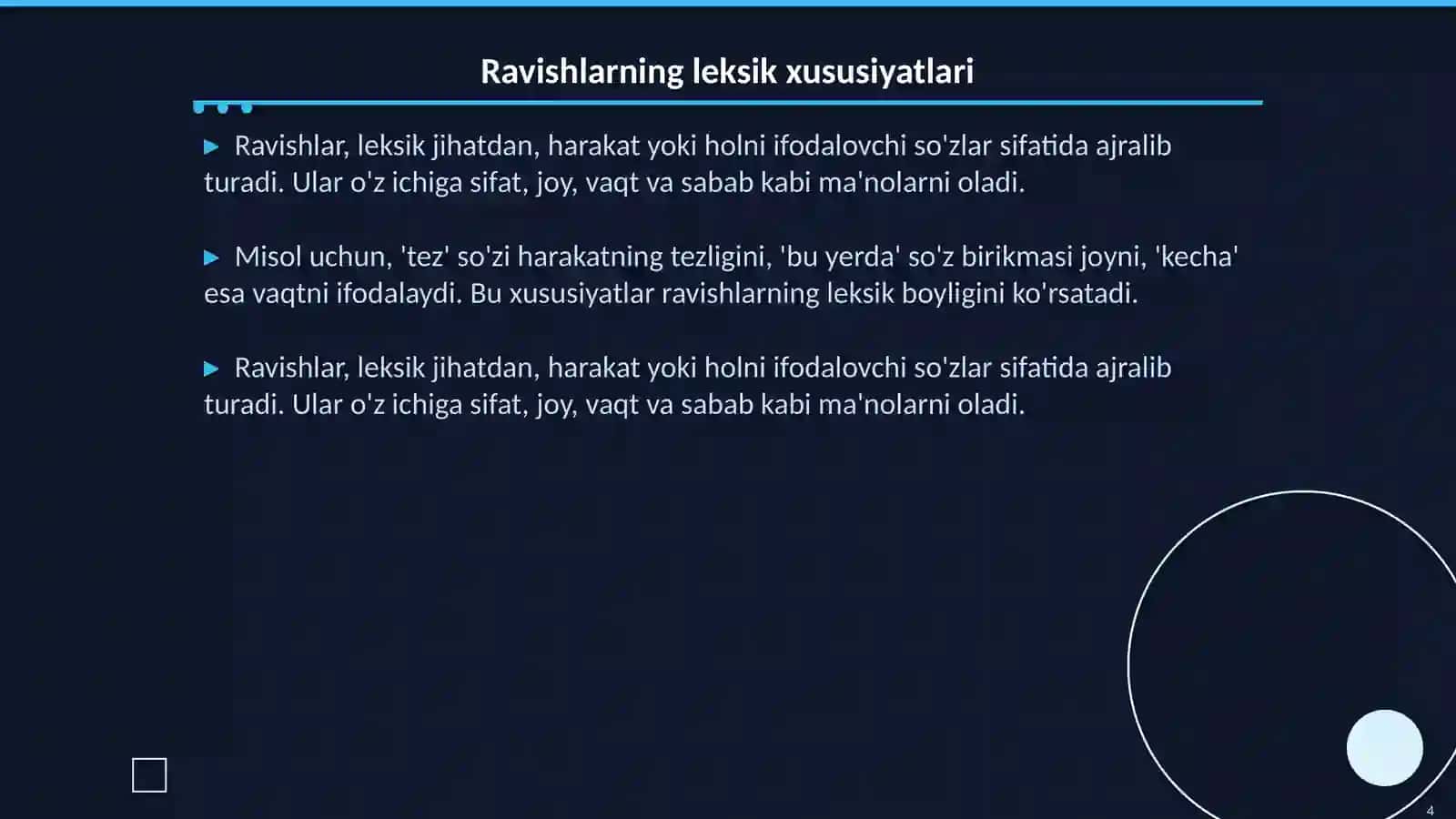Ravish soʻz turkumi. Leksik-grammatik xususiyatlari, maʼno guruhlari 4