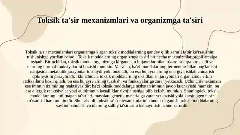 Toksikologiya asoslari. Toksik ta'sir, toksik moddalarning xususiyatlari. 4
