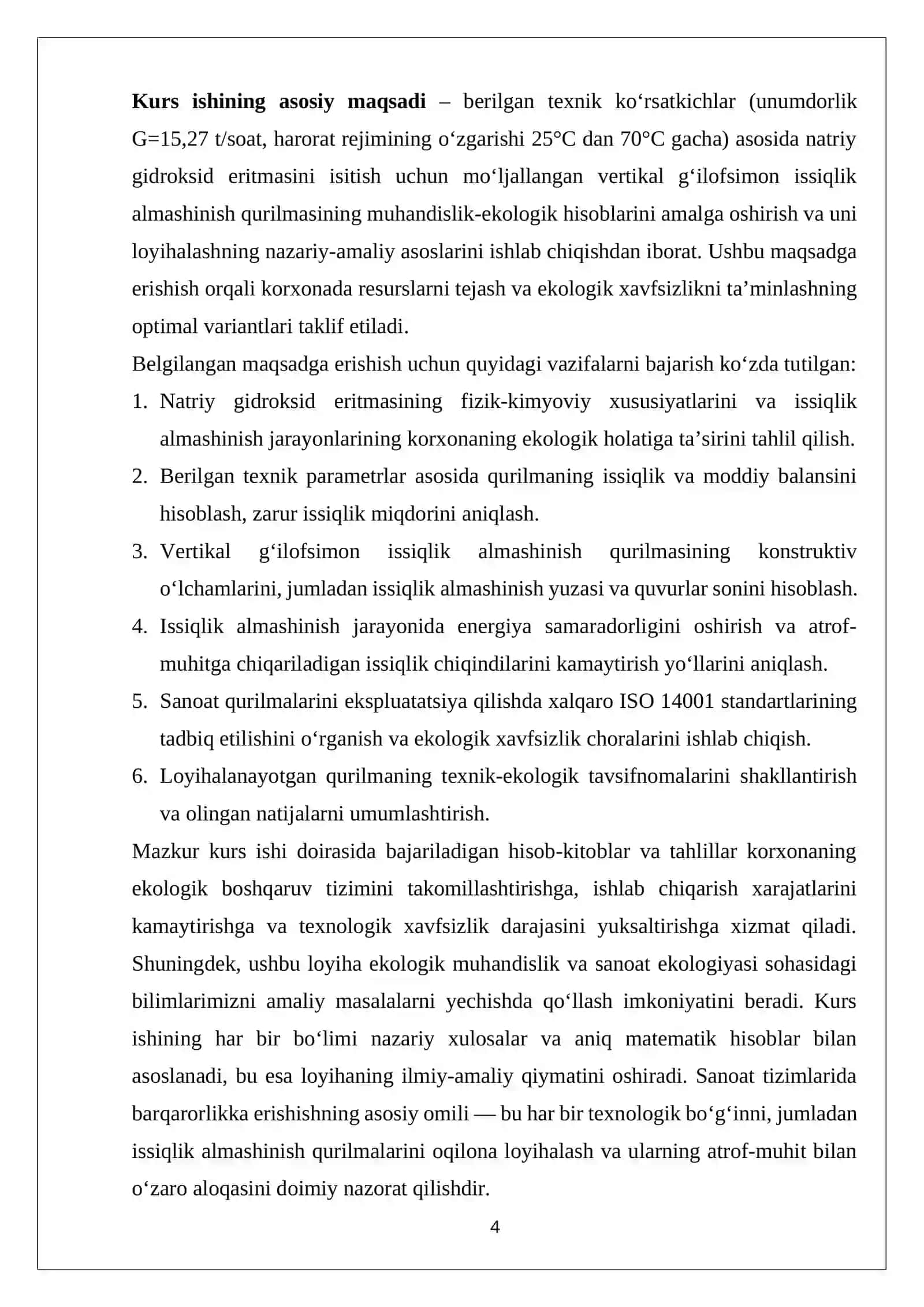 Natriy gidroksid 10 % li eritmasini isitish uchun vertikal g‘ilofsimon issiqlik almashinish qurilmasini hisoblang va loyihalang 4