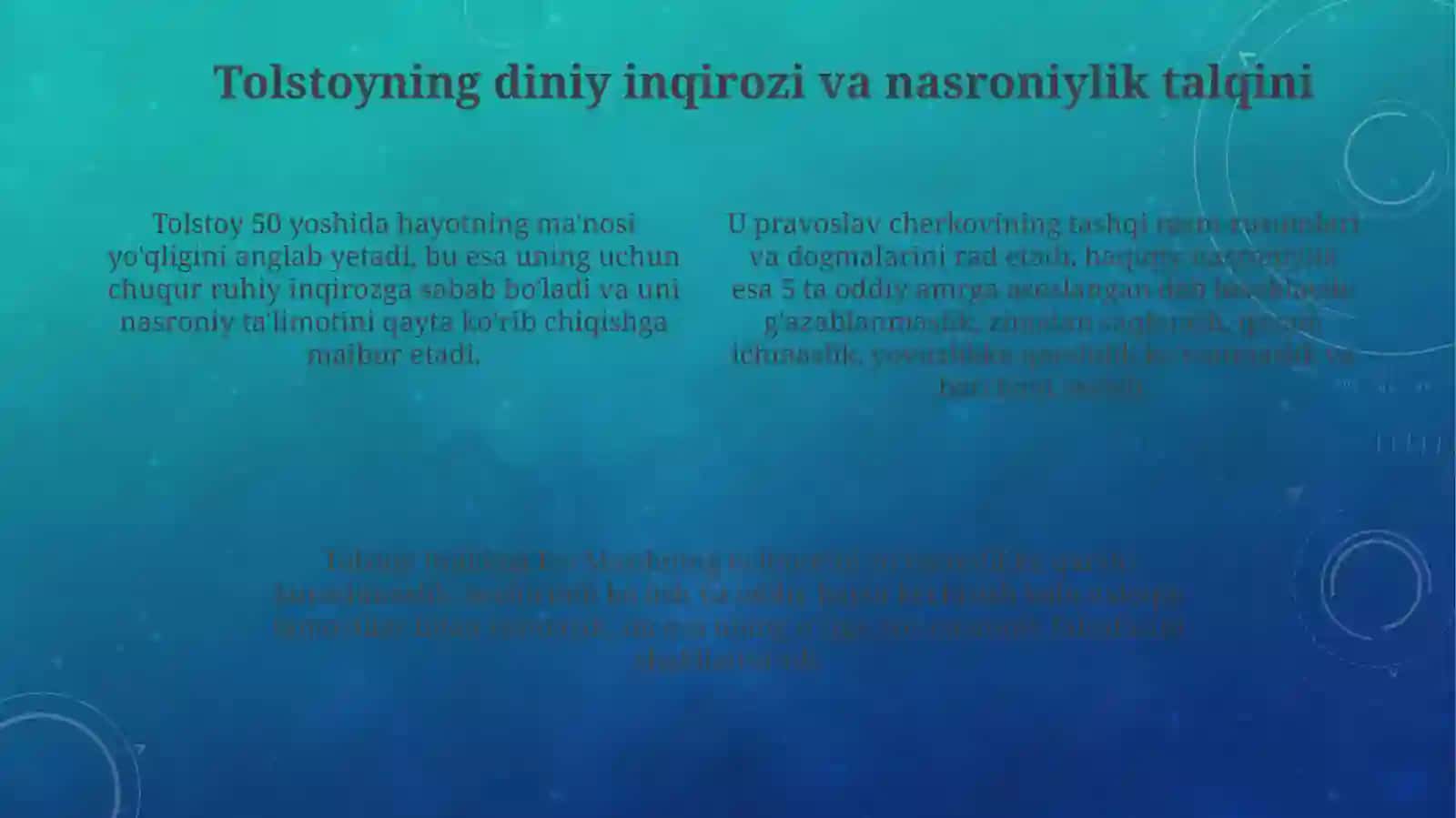 Lev Tolstoyning iqrornomasi asaridagi diniy e'tiqodlar. Shayx Muhammad Sodiq, baxtiyor oila asari 4