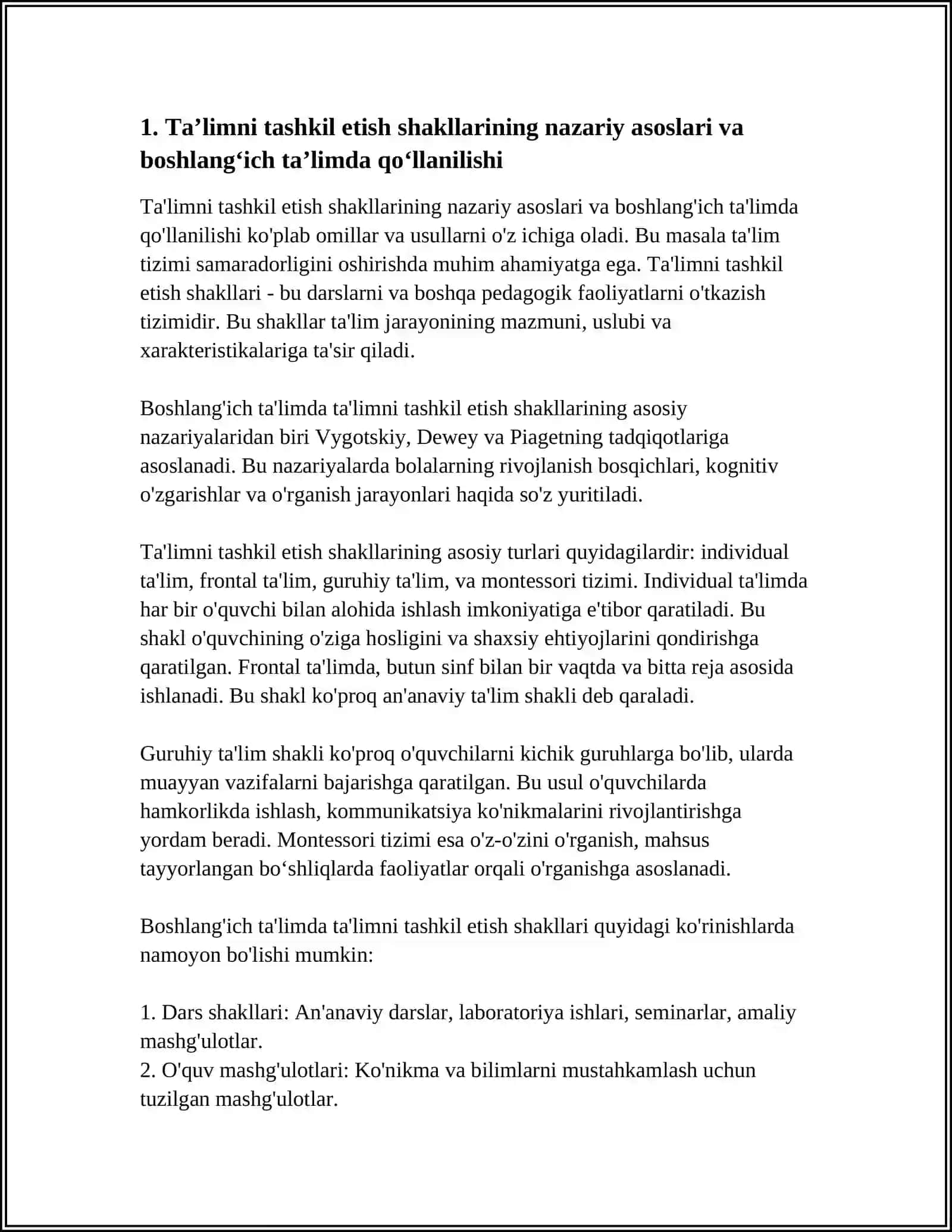 TAʼLIMNI TASHKIL ETISH SHAKLLARI VA TURLARI.BOSHLANGʻICH TAʼLIMDA OʻQUVCHILARNING BILIM KOʻNIKMA MALAKALARINI TASHXIS ETISH 4