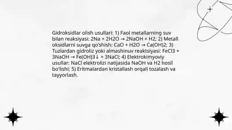 Oksedlar, asoslar,keslotalar olinishi xossalari, ishlatilishi. Modda miqdori 4