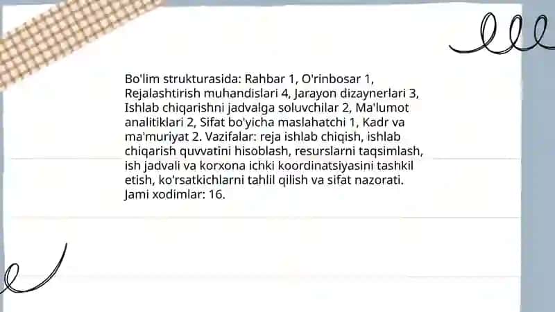 Avtomobil texnikasini ishlab chiqarish korxonasida ishlab ciqarish jarayonini rejalashtirish bòlimi ishini tashkil etish haqida taqdimot yasab bering 4