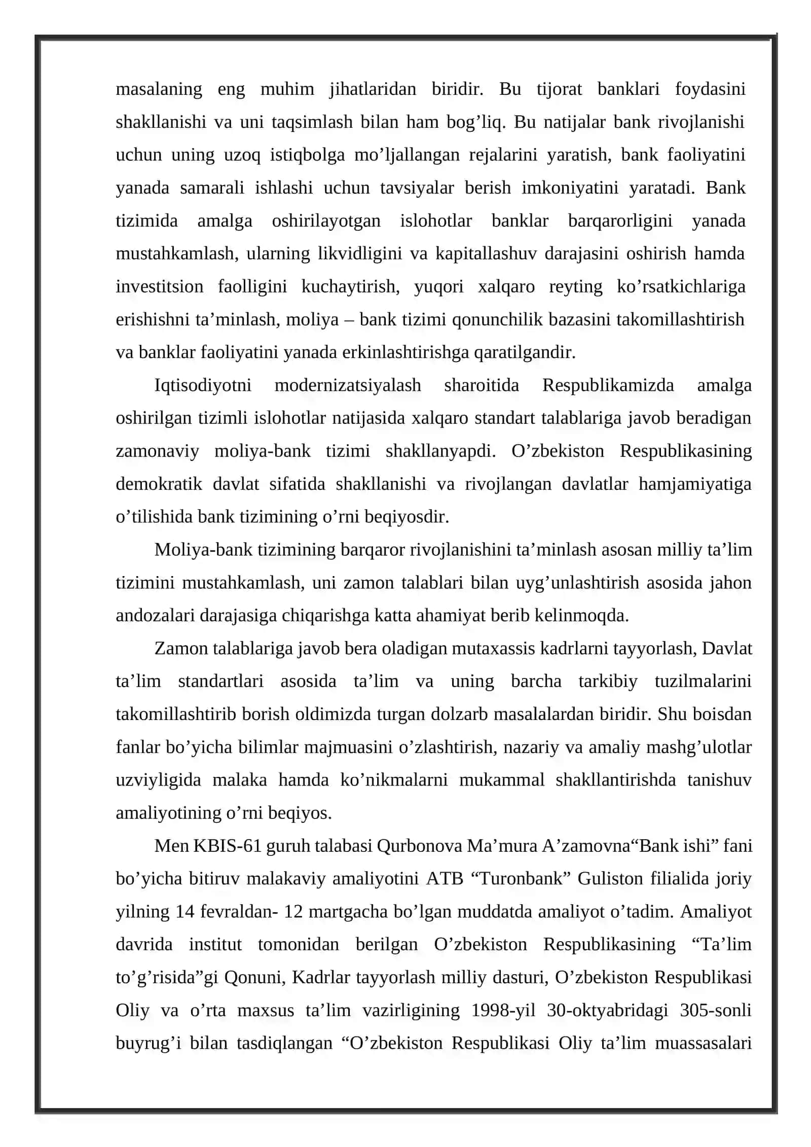 “BANK ISHI” BAKALAVRIAT TA’LIM YO’NALISHI BO’YICHA ISHLAB CHIQARISH AMALIYOTI (SIRTQI TA’LIM SHAKLI UCHUN) HISOBOTI 4
