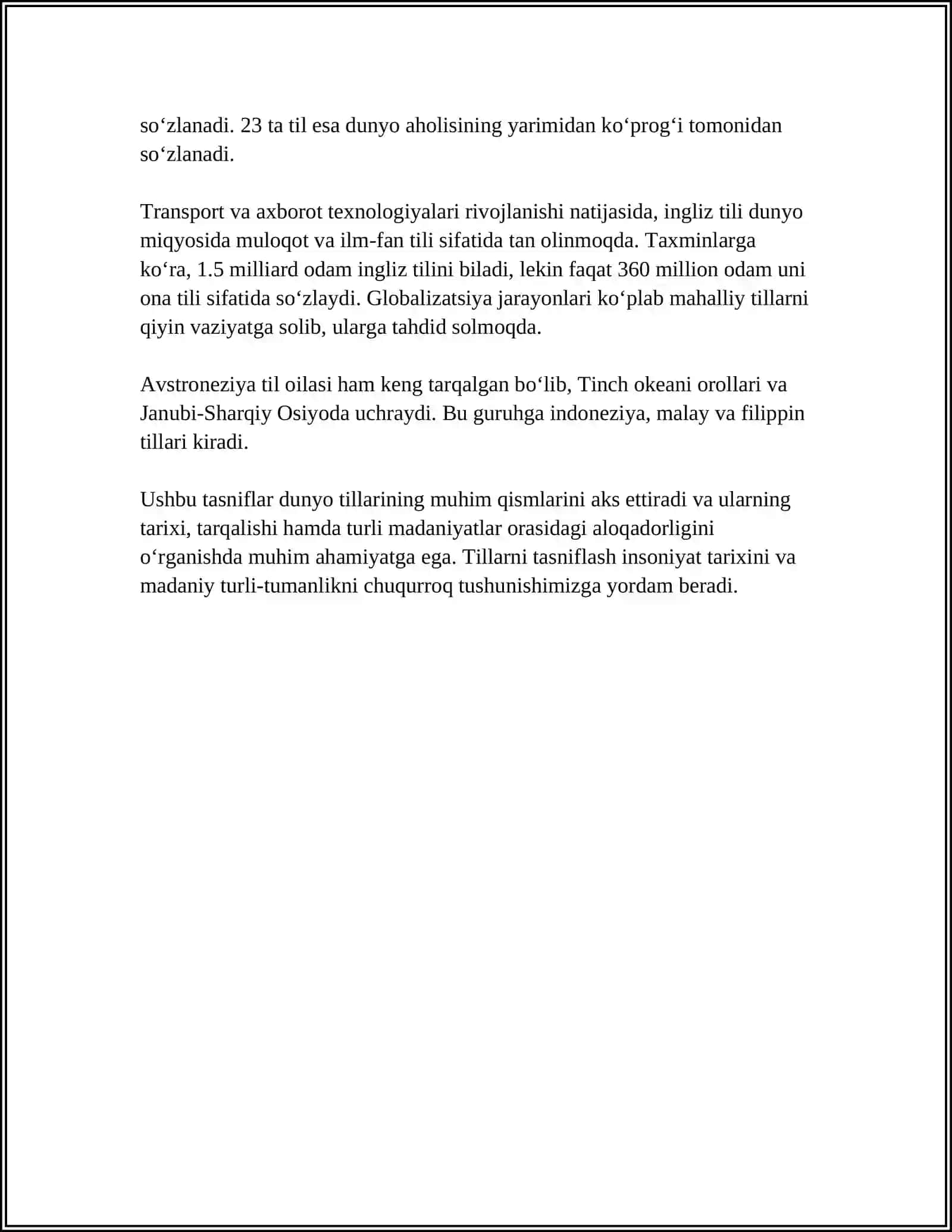 Mavzu: DUNYO TILLARI TASNIFI VA TURKIY TILLAR OILASI 4