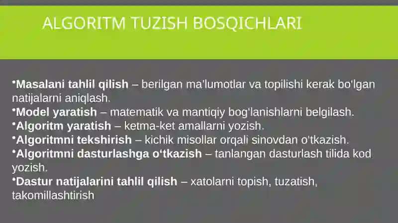 Masalalarning algoritmini tuzish va shu algoritm asosida Python dasturlash tilida dastur tuzish. Paskal dasturlash tilida sodda masalalarni dasturlash. 4