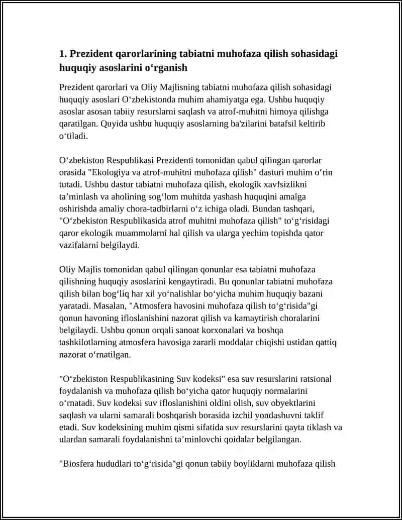 PREZIDENT QARORLARINI,OLIY MAJLIS TOMONIDAN CHIQARILGAN TABIATNI MUHOFAZA QILISHGA DOIR QONUNLARNI О‘RGANISH 4