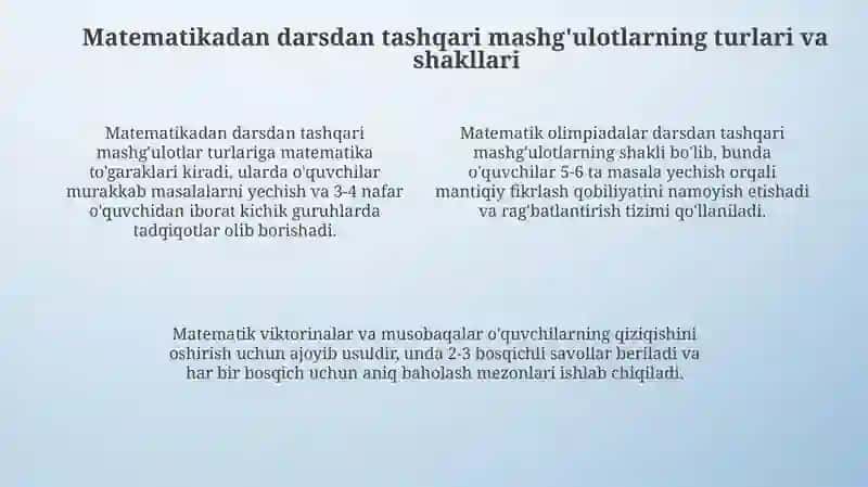 Matematika darslarida darsdan tashqari mashg'ulotlarni tashkil qilish metodikasi 4