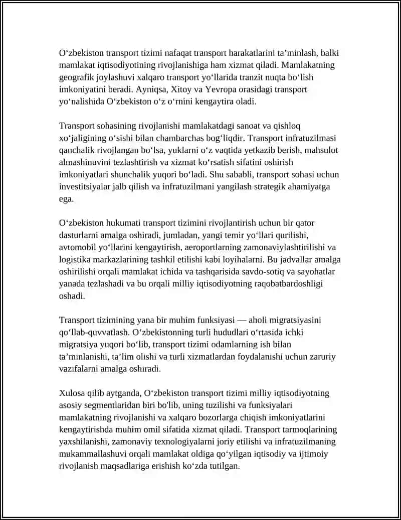 O‘ZBEKISTONNING TRANSPORT TIZIMI VA TRANSPORTNING TURLI TURLARINING TEXNIK-IQTISODIY XUSUSIYATLARI 4