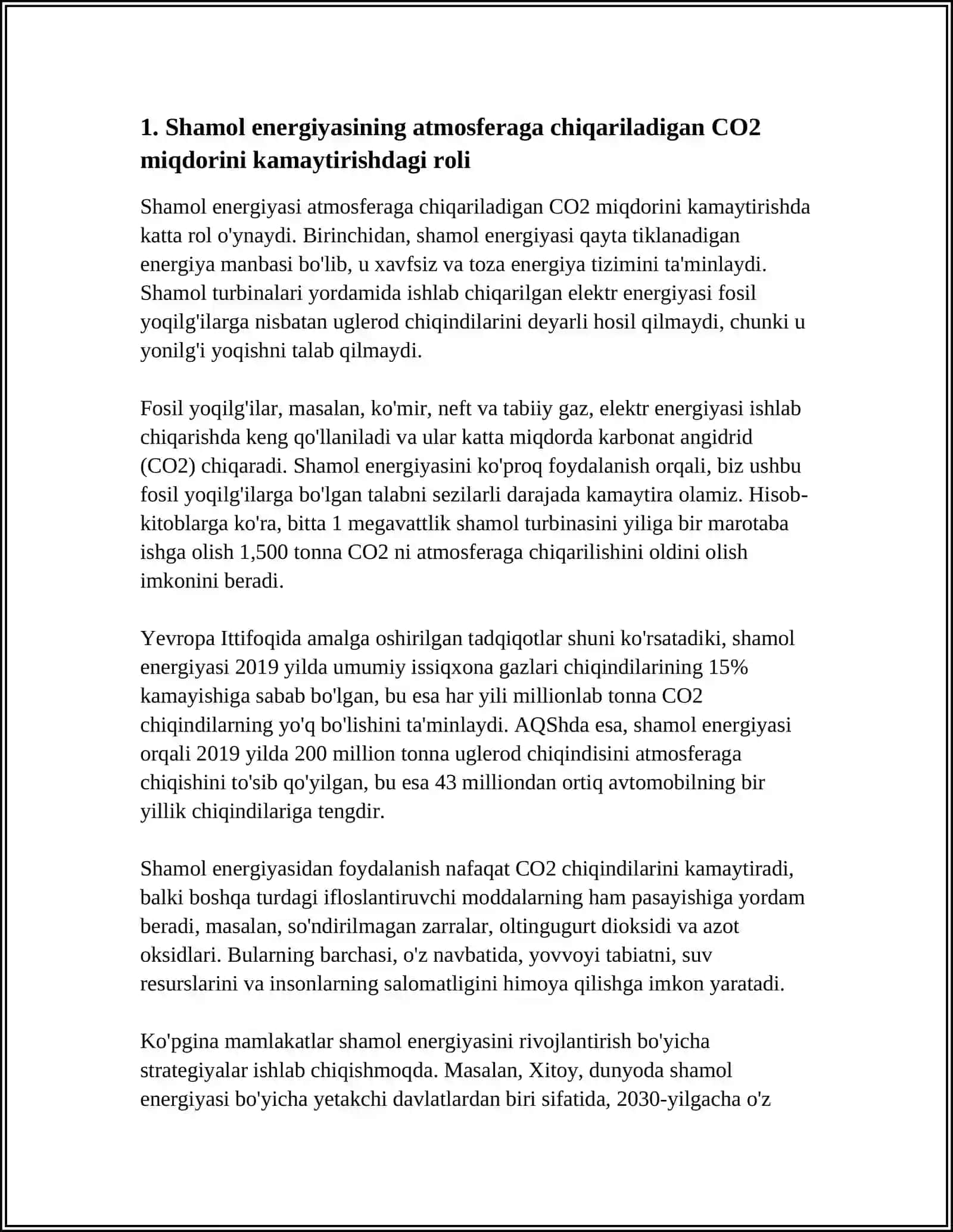 SHAMOL ENERGIYASIDAN FOYDALANISH ORQALI ATMOSFERAGA CHIQARILADIGAN CO₂ NI KAMAYTIRISH IMKONIYATLARI 4