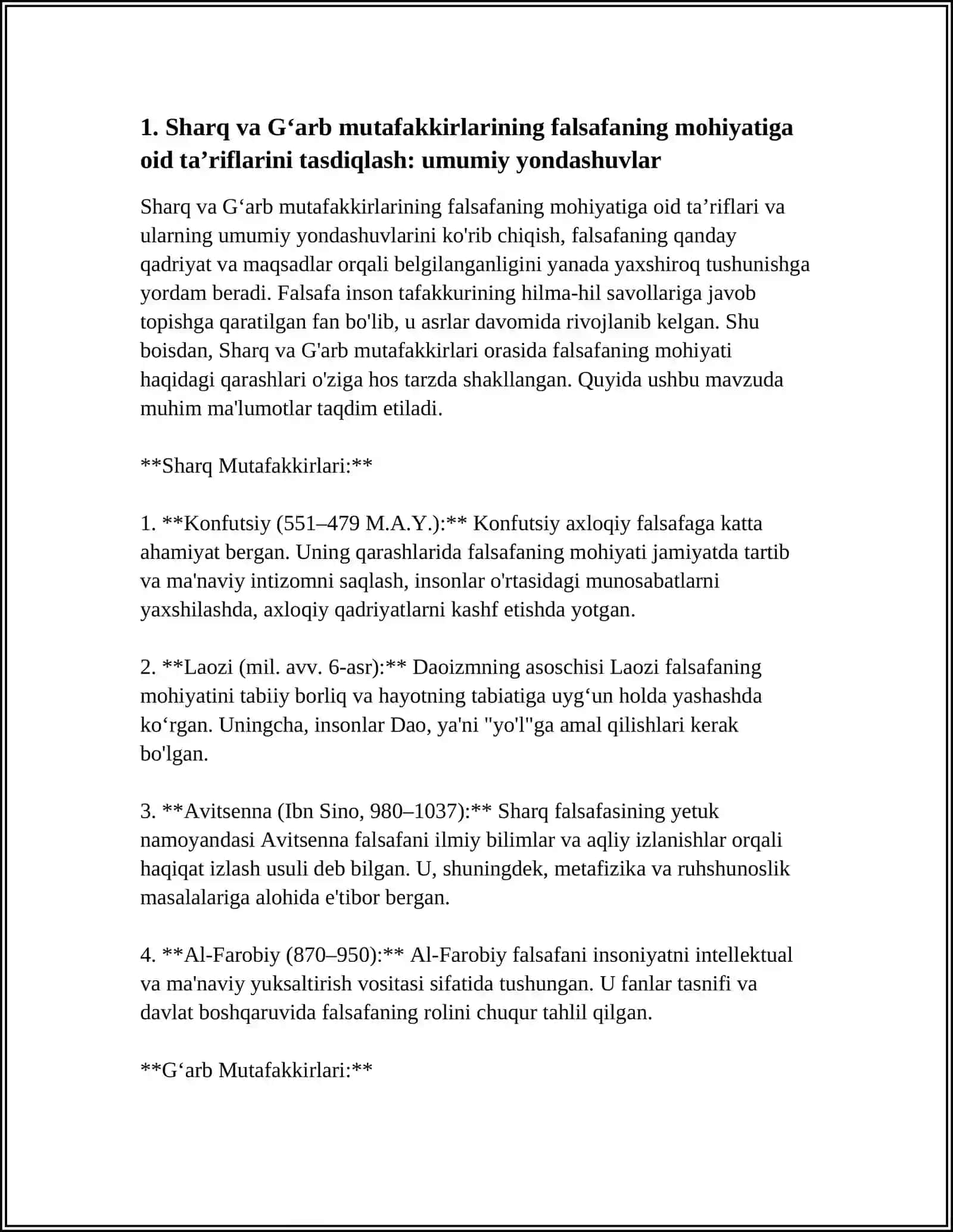FALSAFANING MOHIYATIGA OID SHARQ VA ĞARB MUTAFAKKIRLARI TARIFLARINI TASDIQLASH 4