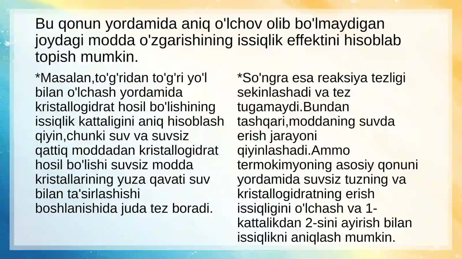 Tuzlarning erish issiqligini aniqlash va kalorimetriya 4