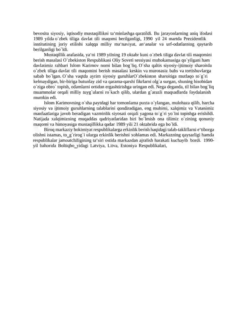 O`ZBEKISTON RESPUBLIKASI MUSTAQILLIGINING E‟LON QILINISHI VA UNING TARIXIY AHAMIYATI 4