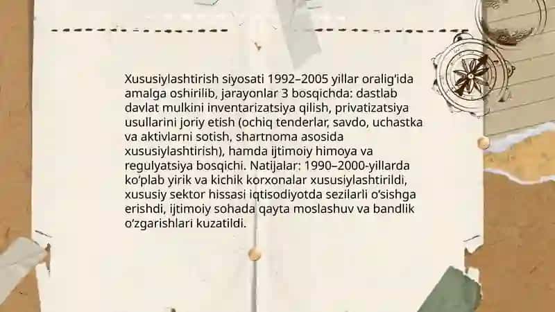 Iqtisodiy islohotlar, xususiy mulkchilikning shakllanishi. O'zbekiston Respublikasida ijtimoiy sohadagi islohotlar 4