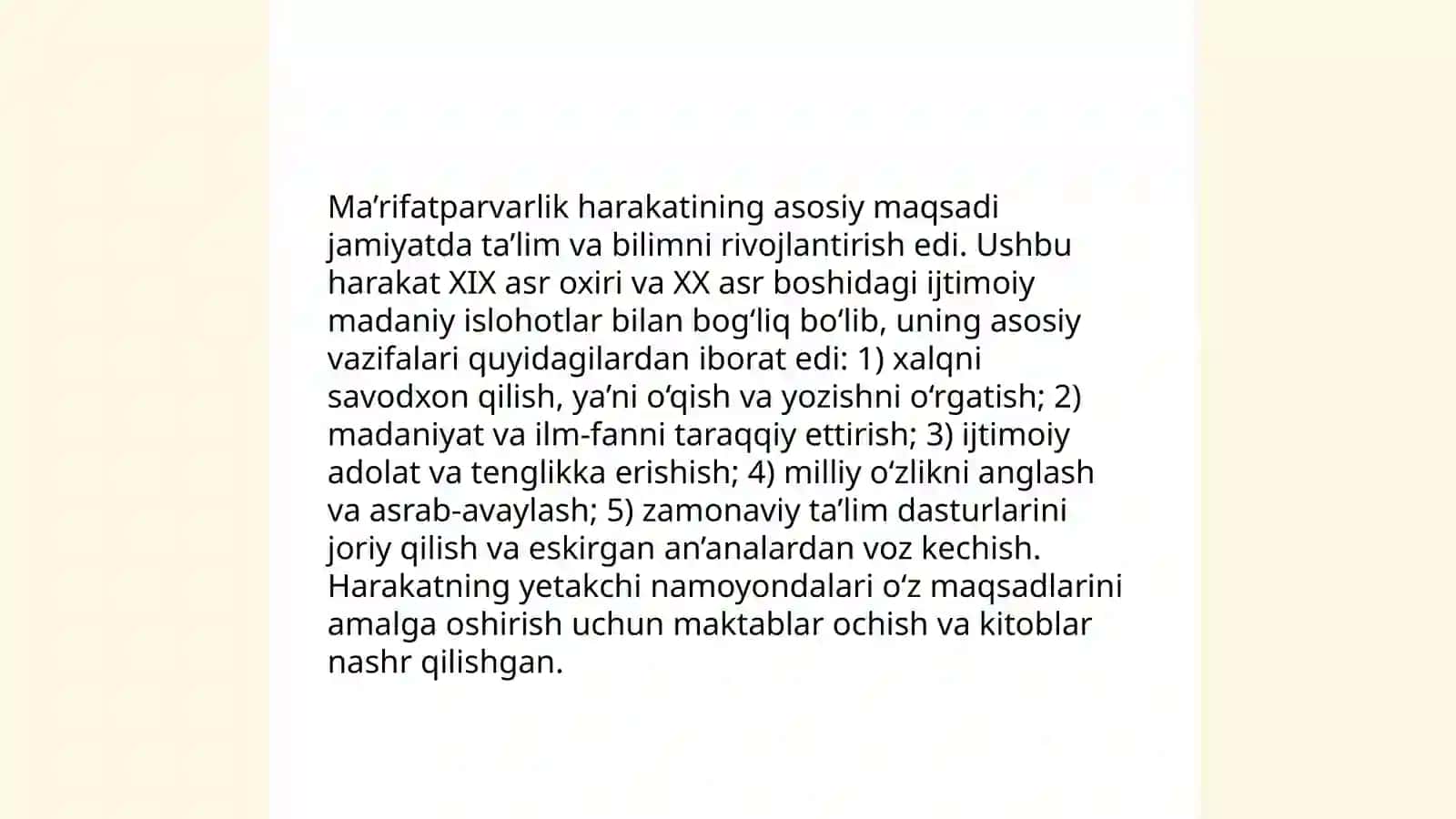 Jadid ma'rifatparvarlarining òlka ijtimoiy-ma'naviy hayotida tutgan òrni 4