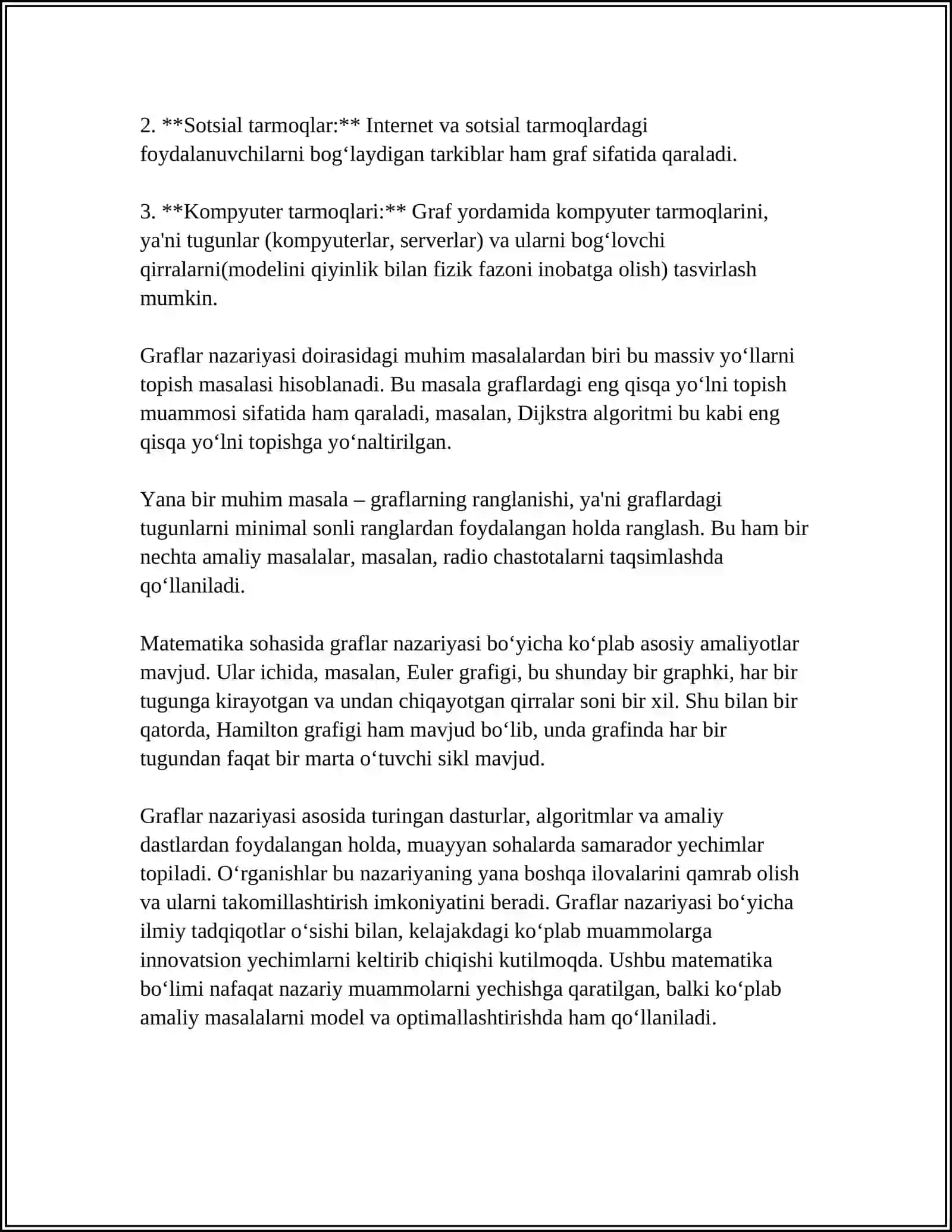 GRAFLAR NAZARIYASI ASOSLARI: GRAFLAR TURLARI, UCHLAR, QIRRALAR, YOYLAR, DARAXTLAR. GRAFLARGA HAYOTIY MISOLLAR 4