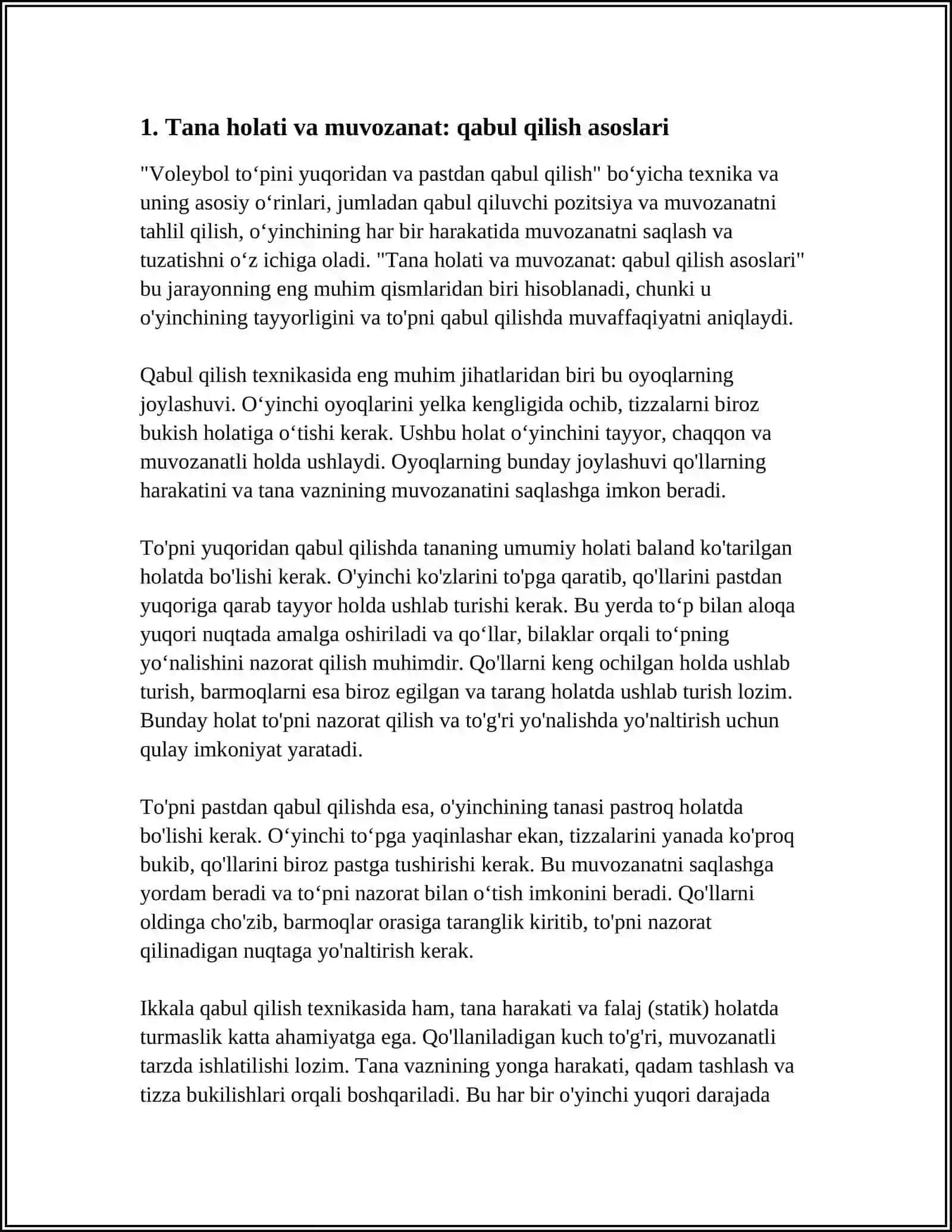 VOLEYBOL TOʻPINI YUQORIDAN VA PASTDAN QOBUIL QILISH TEXNIKASI 4