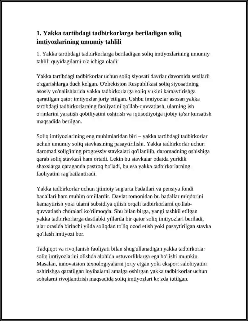 SOLIQ SIYOSATINING ASOSIY YO’NALISHLARIDA TADBIRKORLIK FAOLIYTI BILAN SHUG’ULLANUVCHI YAKKA TARTIBDAGI TADBIRKORLARGA BERILGAN IMTIYOZLAR VA YАNGILLIKLAR 4