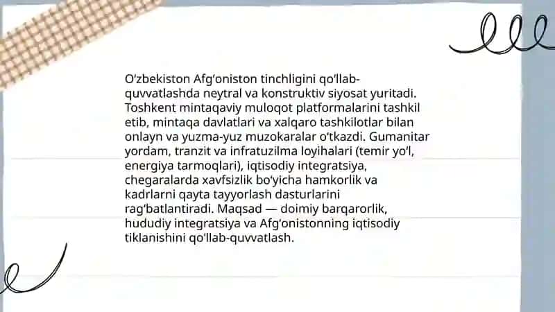 O'zbekistonning mintaqada tinchlik va barqarorlikni ta'minlashga oid tashqi siyosati 4