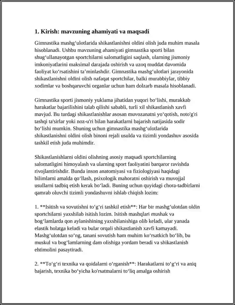 GIMNASTIKA MASHGʻULOTLARIDA SHIKASTLANISHNI OLDINI OLISH. MAZKUR MAVZU YUZASIDAN 15 BET REFERAT TAYOLASH 4