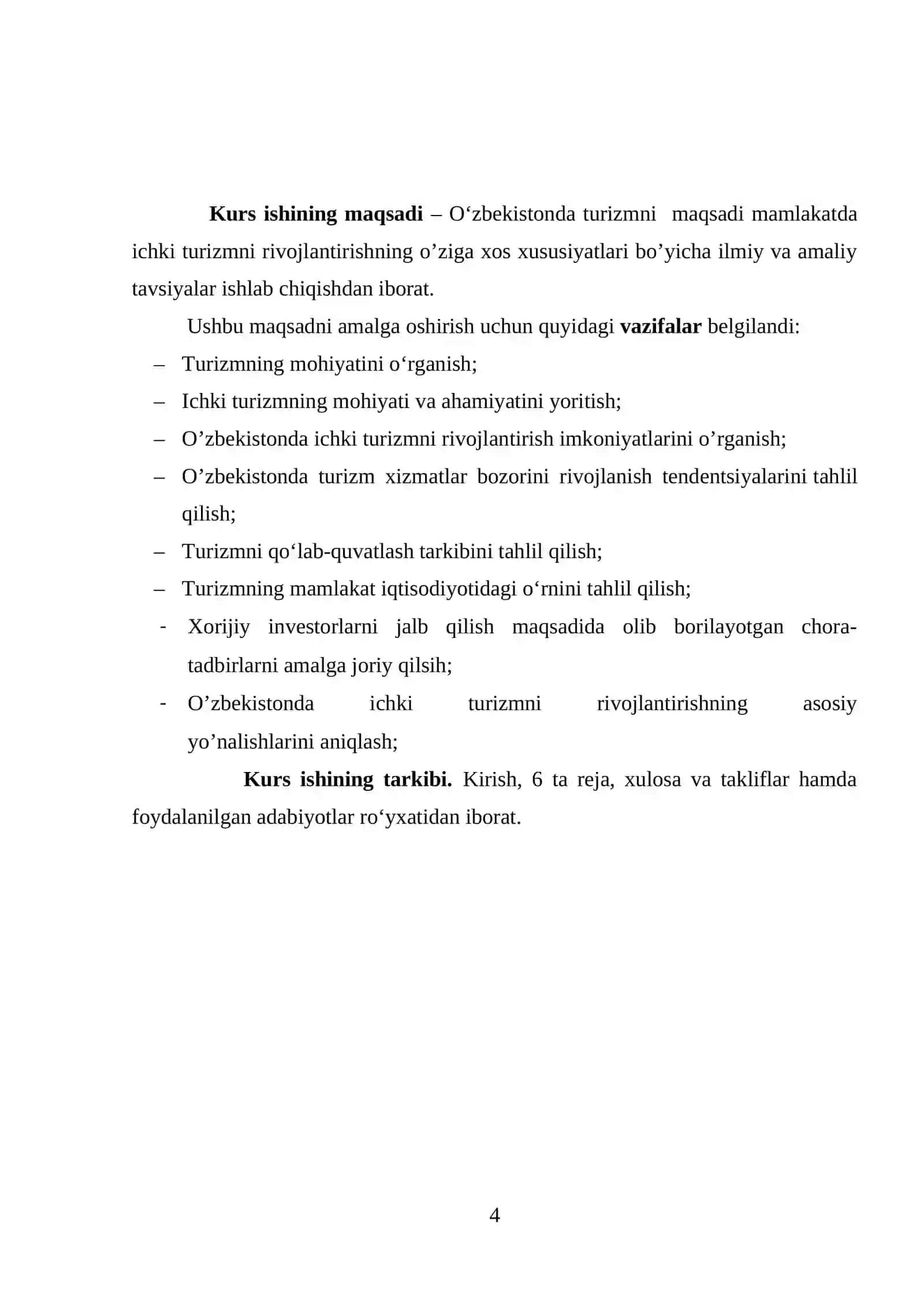 O‘zbekistonda turizmni davlat tomonidan qo‘llab-quvvatlashning o‘ziga xos xususiyatlari. 4