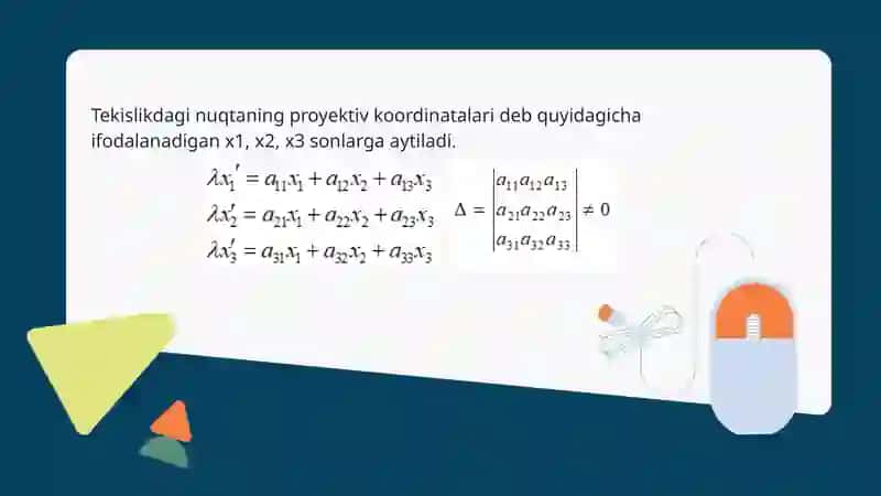 Proyektiv koordinatalar. Ikkilik prinsipi. Dezarg teoremasi. 4