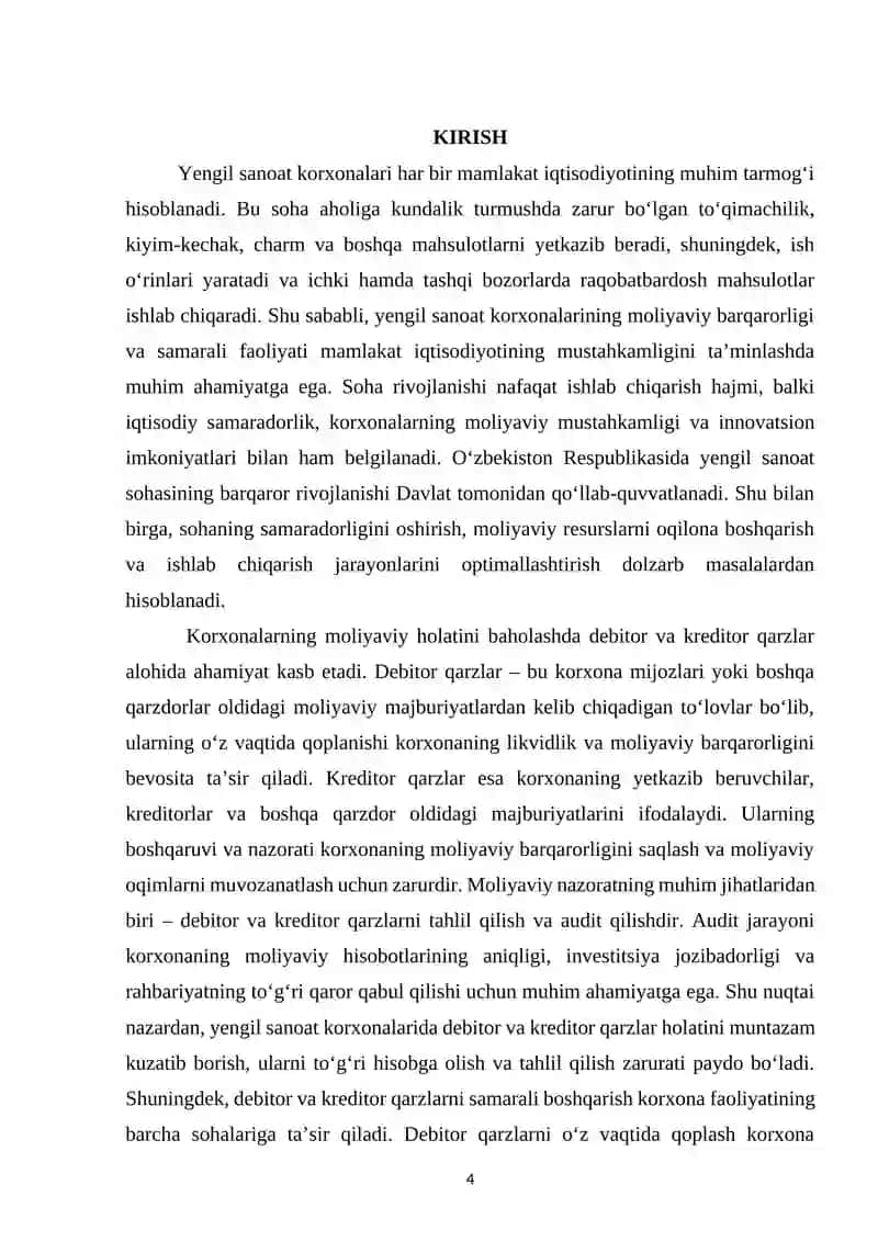 Yengil sanoatdagi debitor va kreditor qarzlar auditorligi va buxgalteriyadagi aks ettirilishi. 4