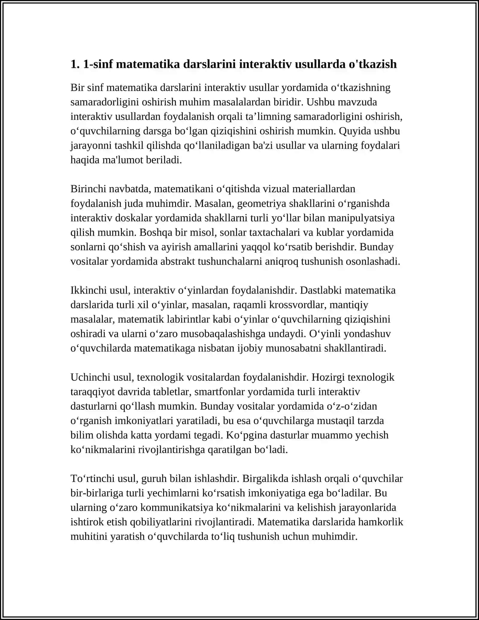 OZ KOMPLEKTLI MAKTABLARNING 1-SINFIDA MATEMATIKA DARSLARINI SAMARALI TASHKIL ETISH YO'LLARI 4