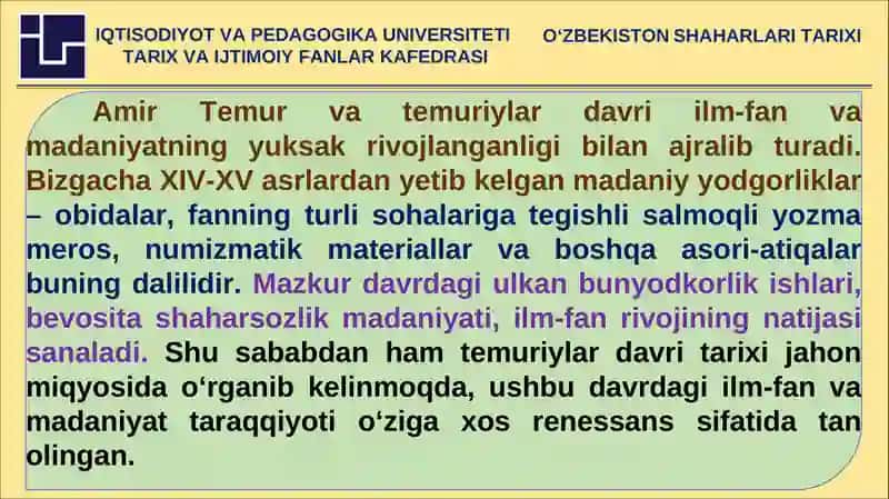Amir Temur va Temuriylar davri shaharsozligi rivojining asoslari 4