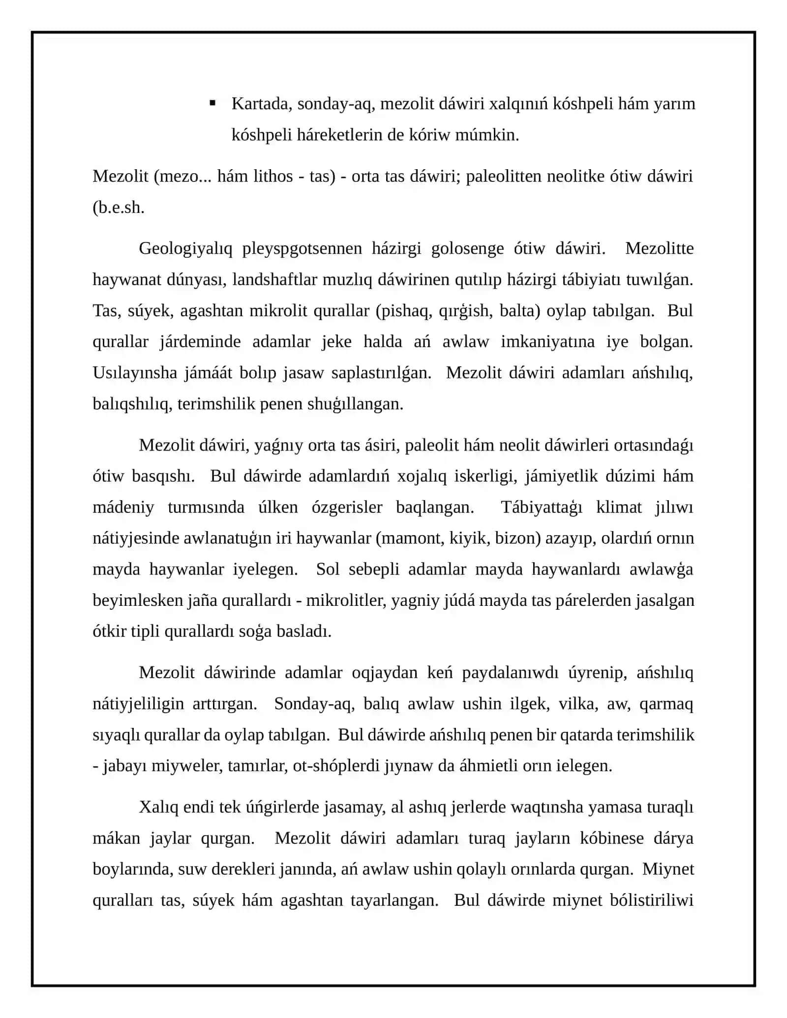 Mezolit dáwiri mákan jaylarının jaylasıwı hám úyreniliwi 4