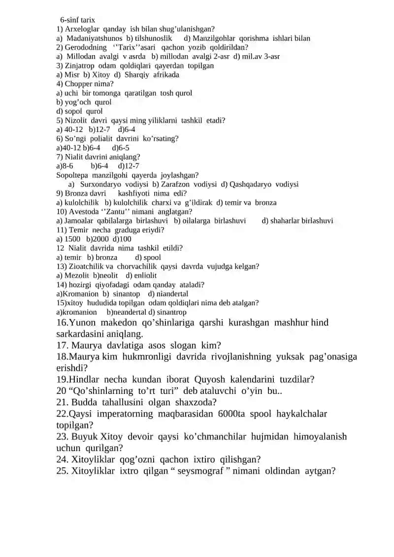 5-sinf tarix fanidan test savollari 4