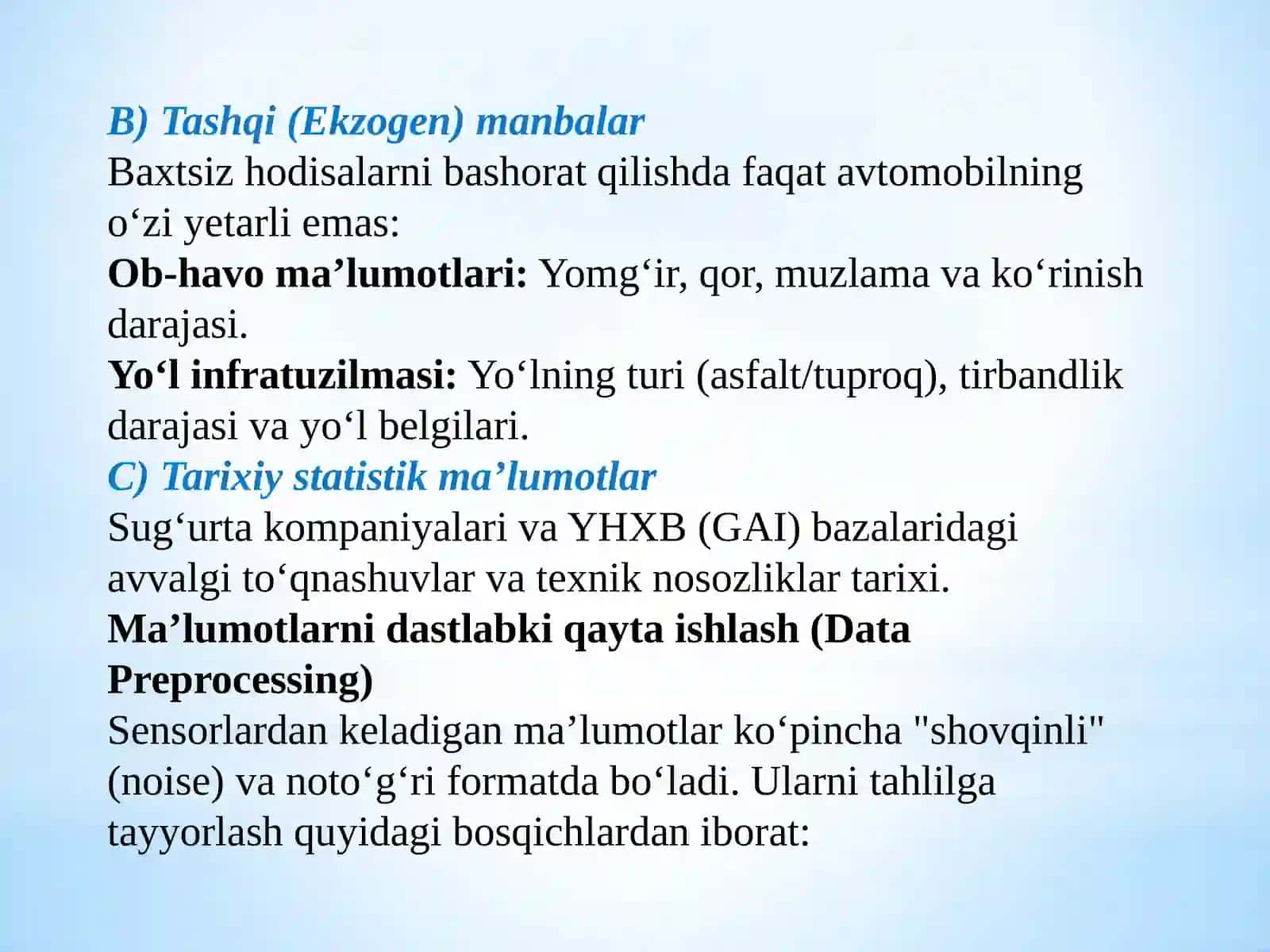 Avtomobil ma’lumotlarining tahlil qilish, baxtsiz hodisalarni bashorat qilish va texnik xizmat ko‘rsatish 4