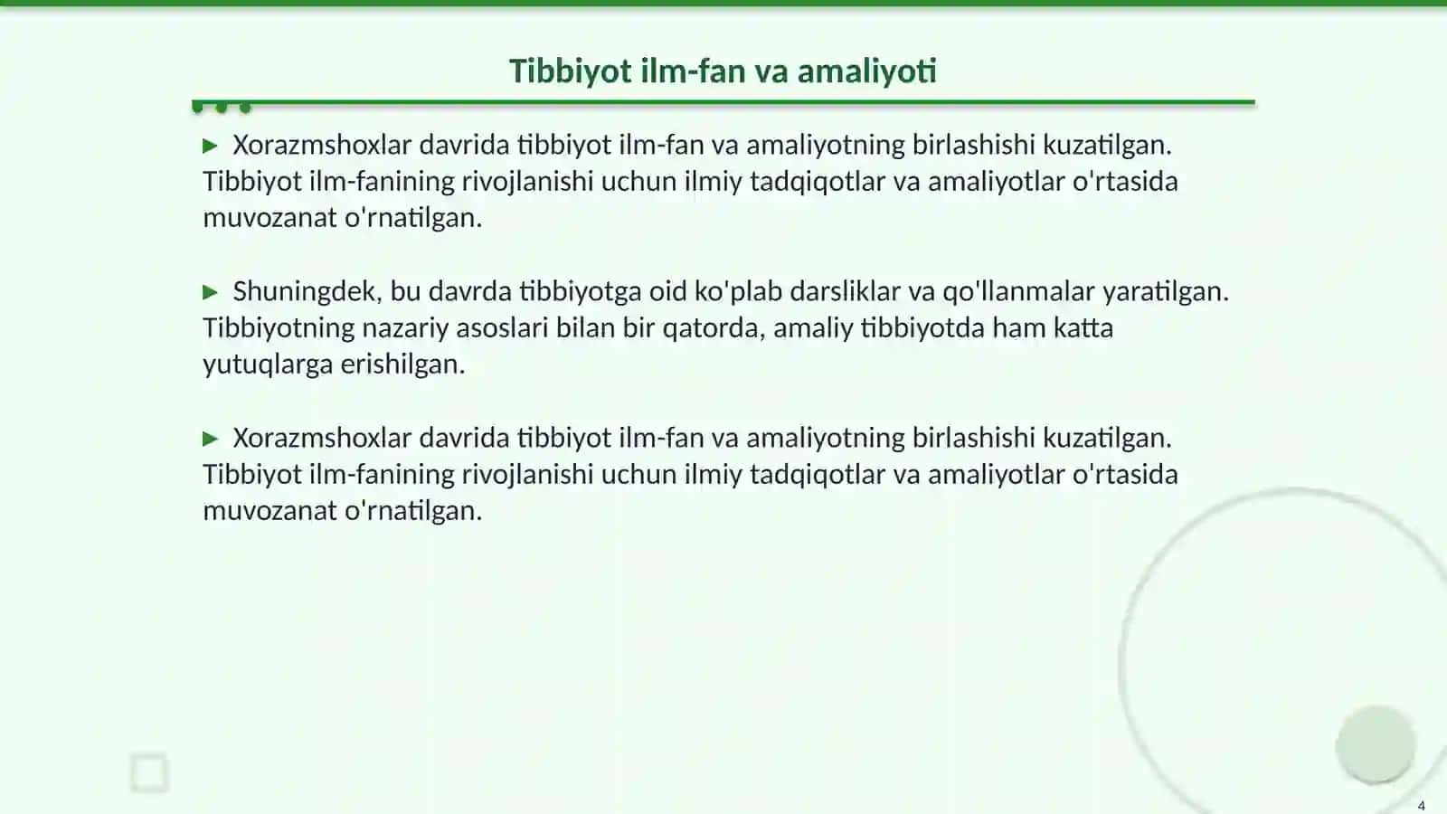 Oʻrta Osiyo davrlarida Oʻzbekistonda tibbiyotning rivojlanishi. Xorazmshoxlar davrida tibbiyot 4