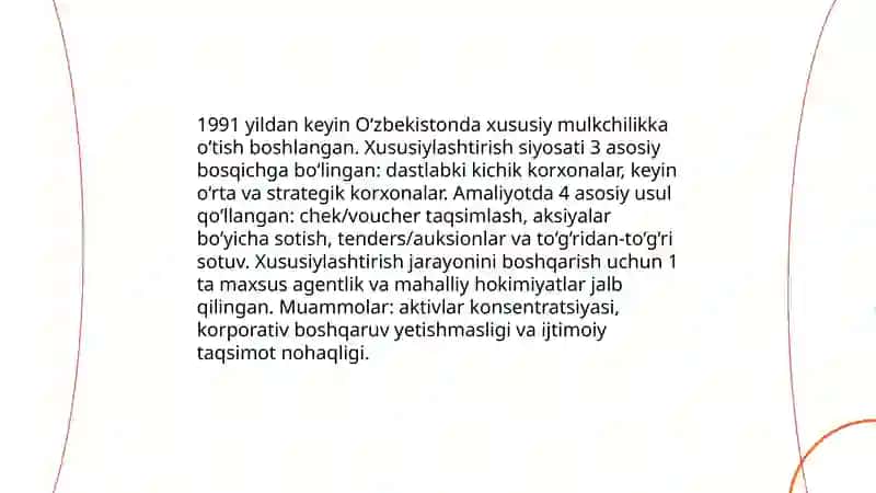 Iqtisodiy islohotlar, xususiy mulkchilikning shakllanishi. O’zbekistonda bozor munosabatlarining rivojlanishi 4